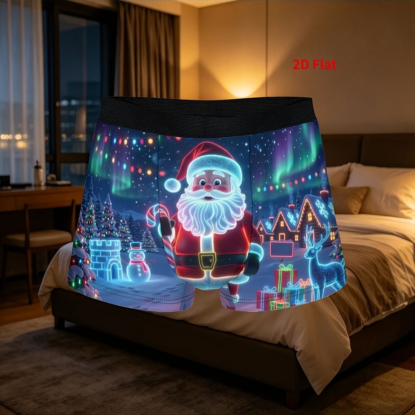 TEMU 1pc Neon Glowing Santa And Reindeer Pattern Funny Christmas 2d Flat Printing Underpants Men's Panties Men's Underwear Ventilated Shorts Boxer