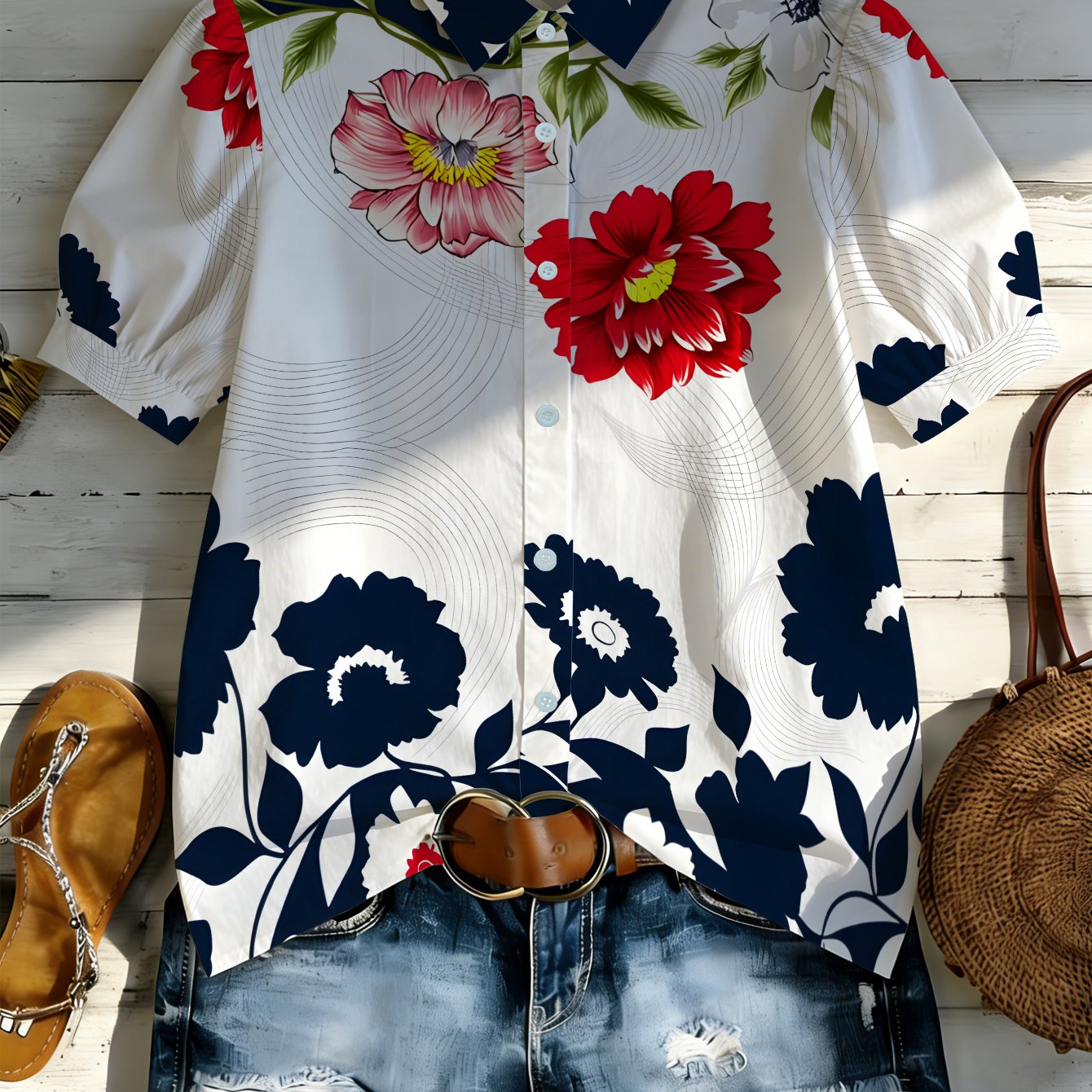 TEMU 1pc Floral Print Short Sleeve Shirt, Perfect For Daily Commuting, Beach Vacation, Casual Gatherings, , Versatile & Breathable, Loose Fit,