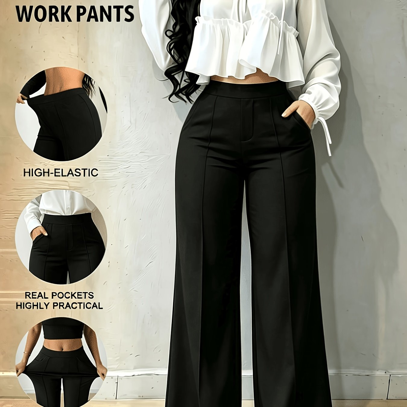 TEMU Women's Elastic Thin Casual Trousers, Suitable For Daily Wear, Commuting, Office, And Casual, With Pockets, Straight Cut, Flattering For Legs,
