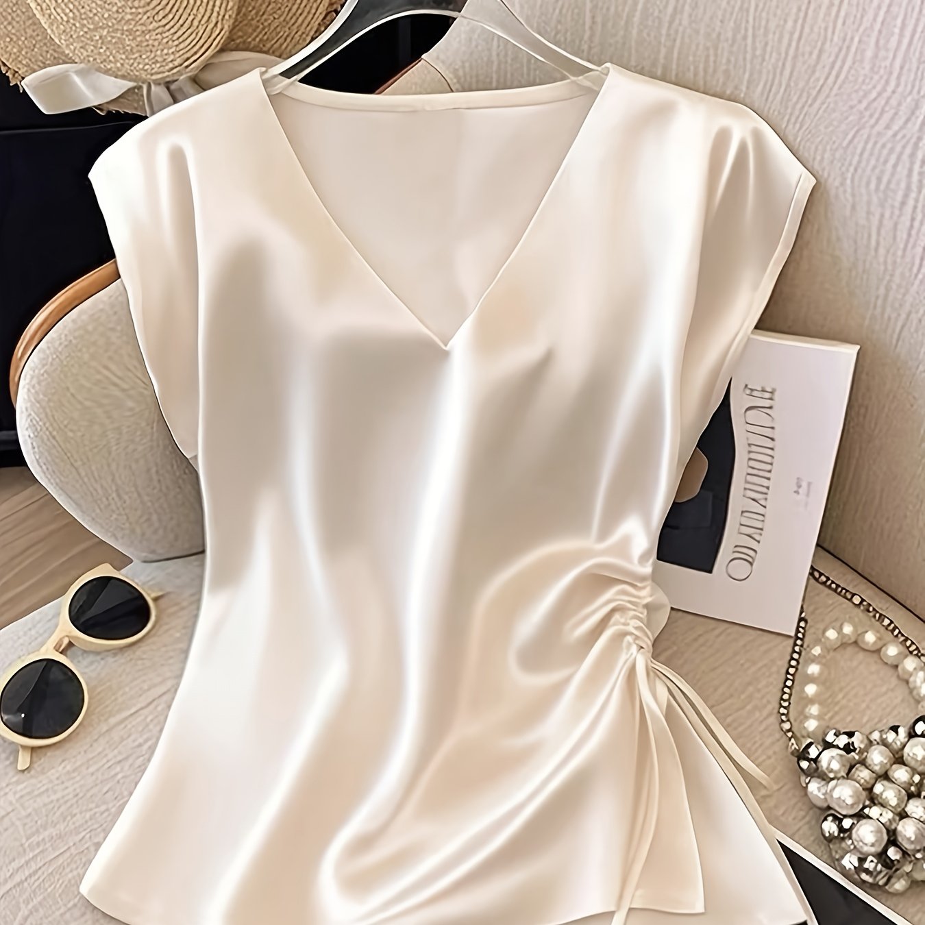 TEMU Women' Satin V-neck Pleated Elegant Blouse