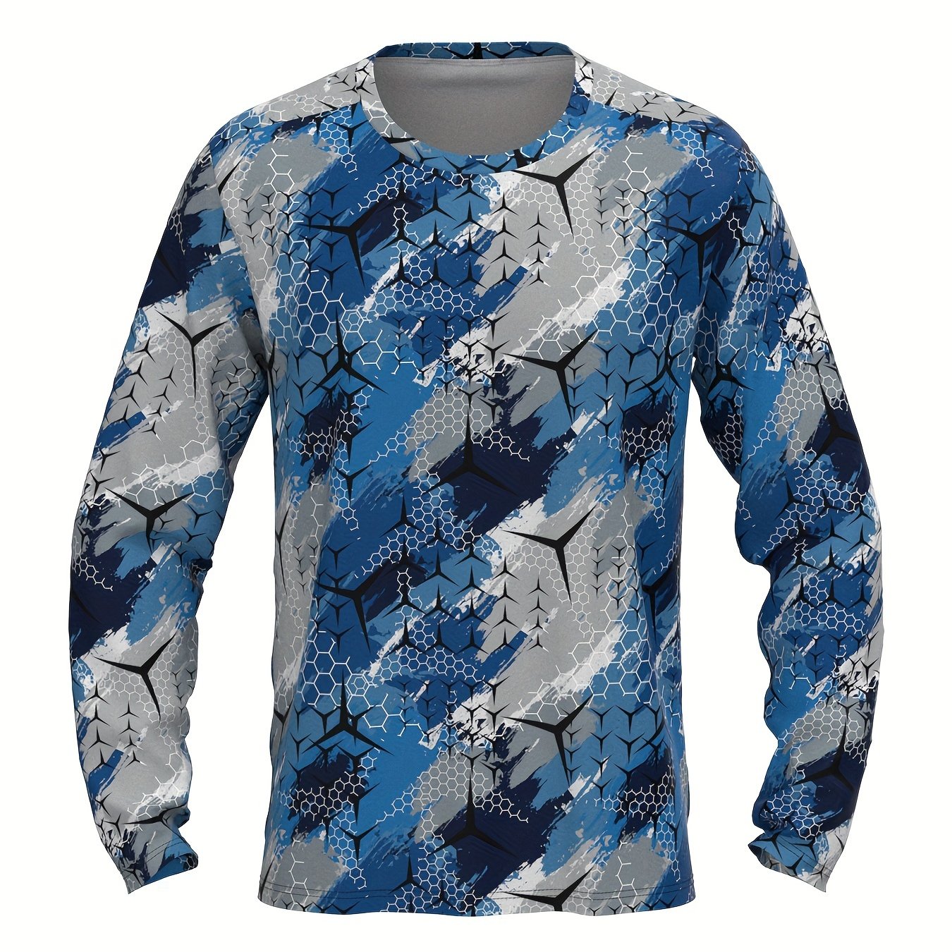 TEMU Men's Color Matching Geometric Print Sun Protection Shirt, Active Breathable Long Sleeve Crew Neck Slim-fit High Stretch Rash Guard For Fishing Hiking Outdoor