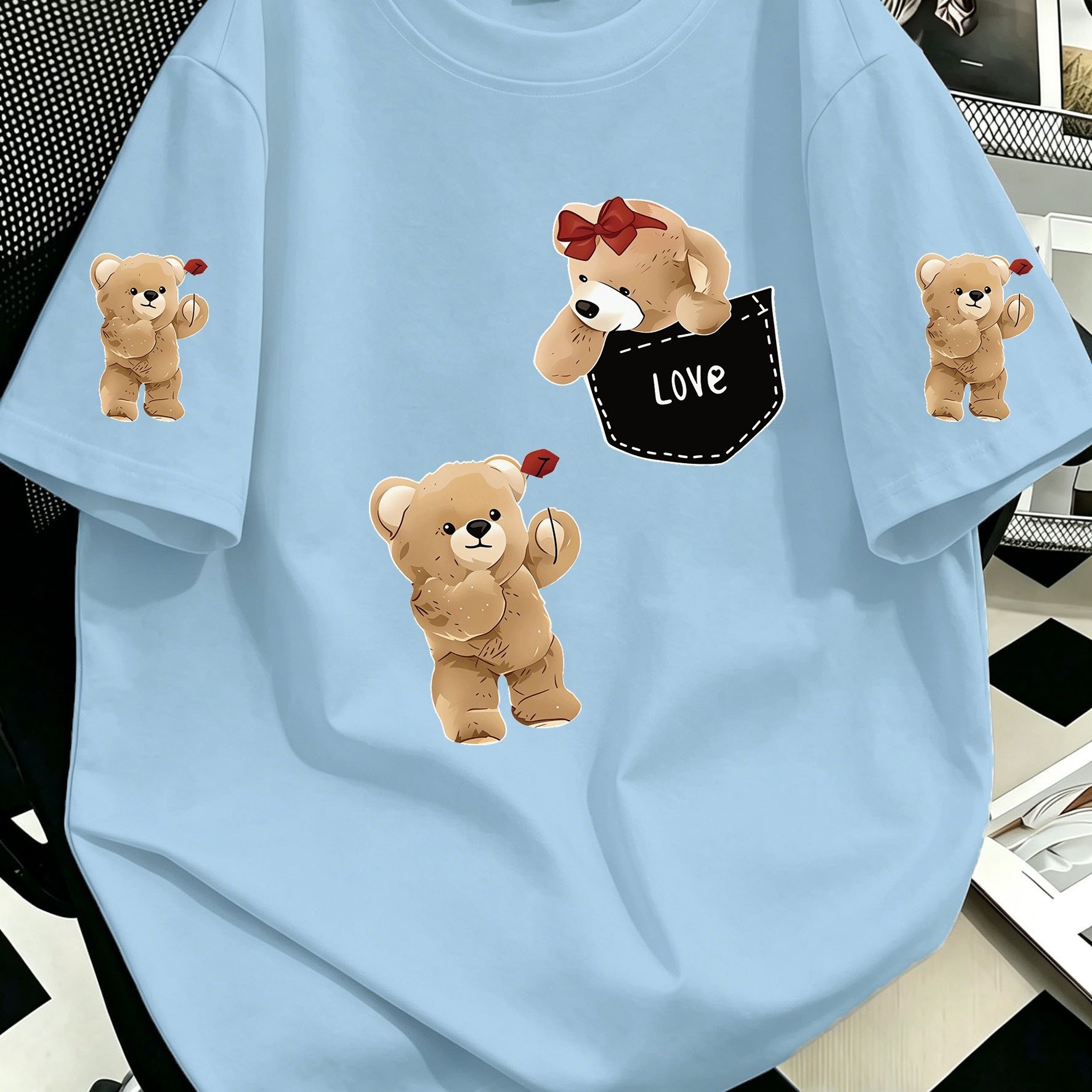 TEMU Plus Size Women's " Bear" Pattern Printed Short Sleeve, Trendy Fashion, Easy Round Neck Casual Versatile Short Sleeve T-shirt Suitable For
