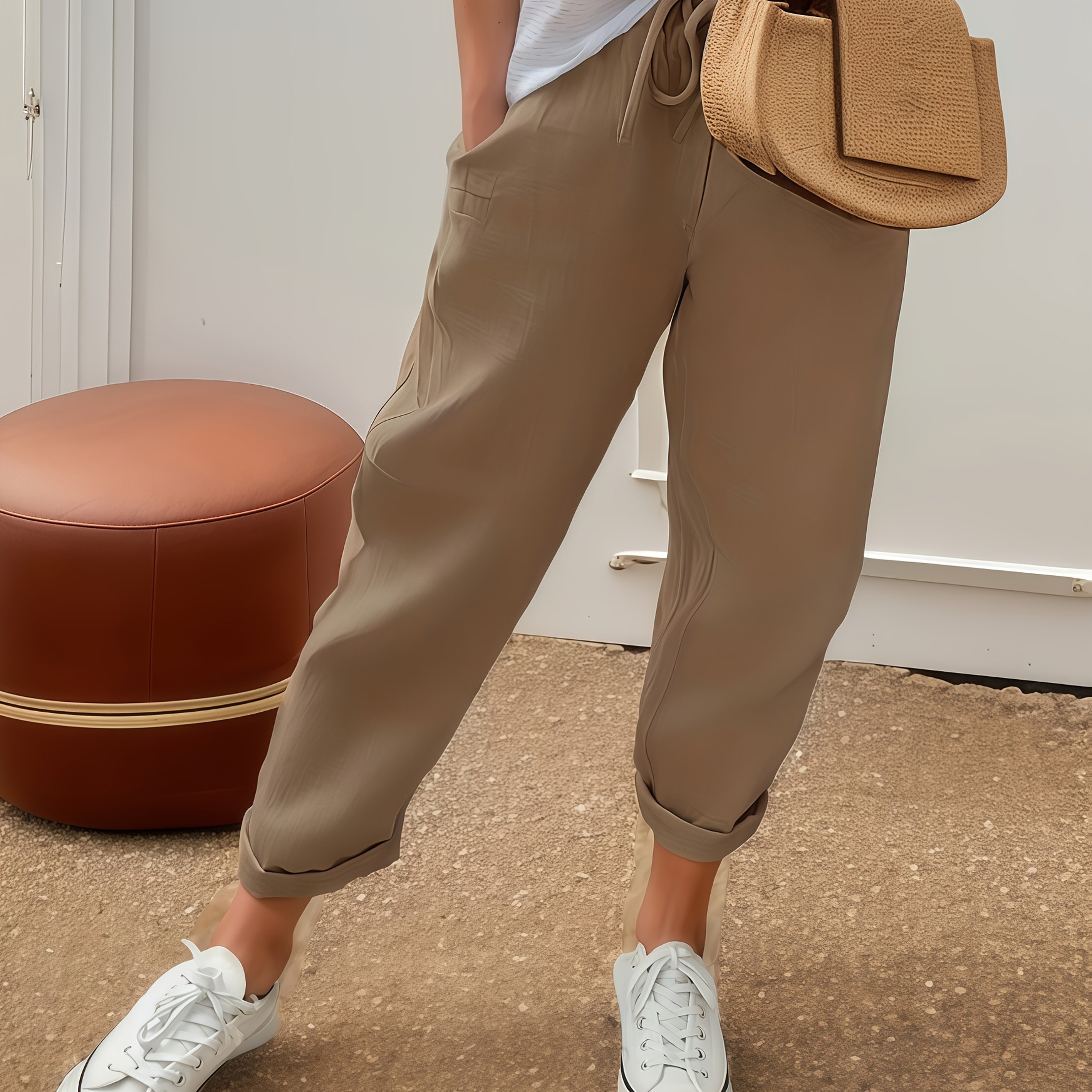 Image of Spring And Autumn Drawstring Straight-leg Pants, Casual Pocket Long Trousers, Women's Clothing