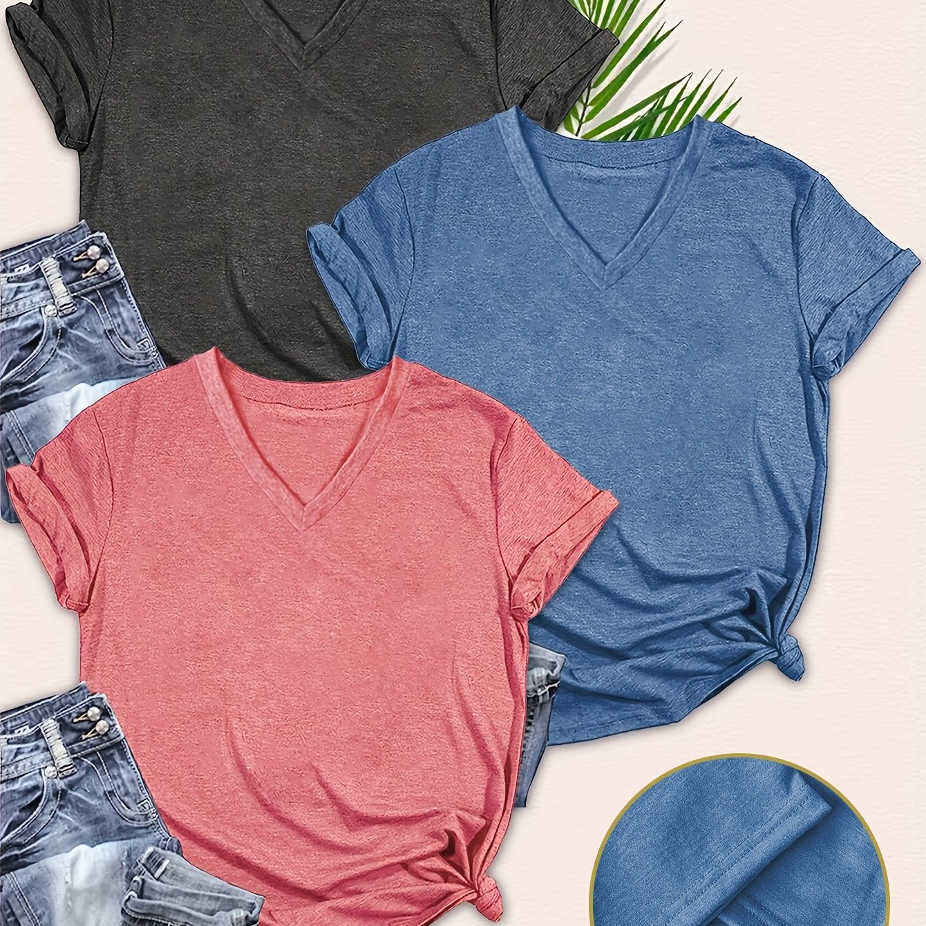 TEMU Summer Three-piece Set Color- Fashion V-neck Short-sleeve T-shirt