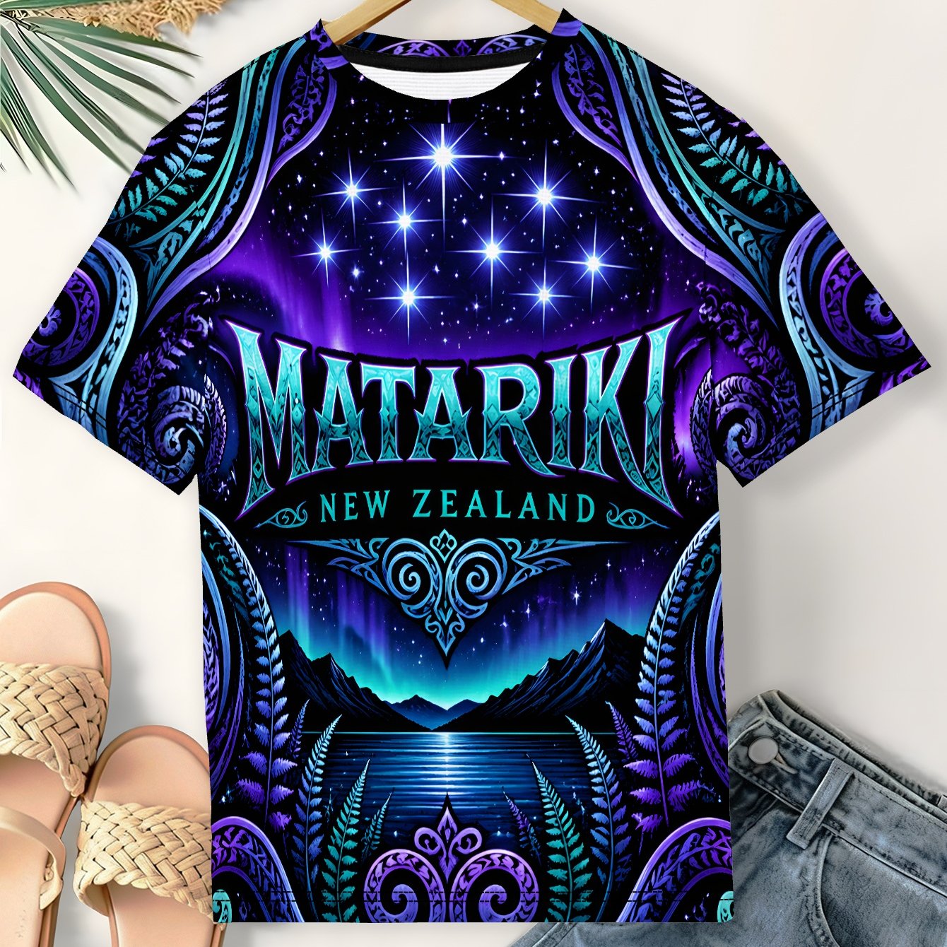 TEMU Women's Plus Size Purple Aurora Koru T-shirt - Cultural Print Short Sleeve Round Neck Top, Casual Summer Daily Wear Suitable For Warm Weather &