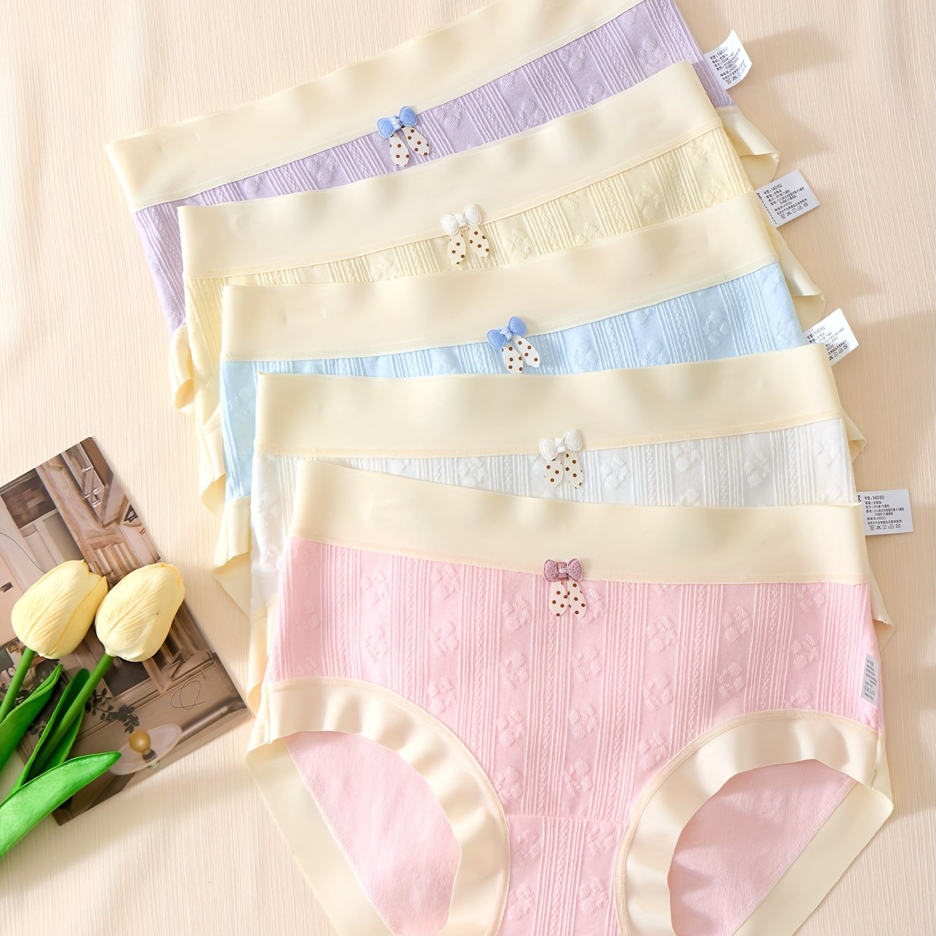 Random 5pcs ' Triangle Panties Soft Comfortable Elastic Waist Front Jacquard Hollow Breathable Solid Color Layer Breathable Crotch Design Spring Summer Autumn Winter Wearable Medium-large Size Square