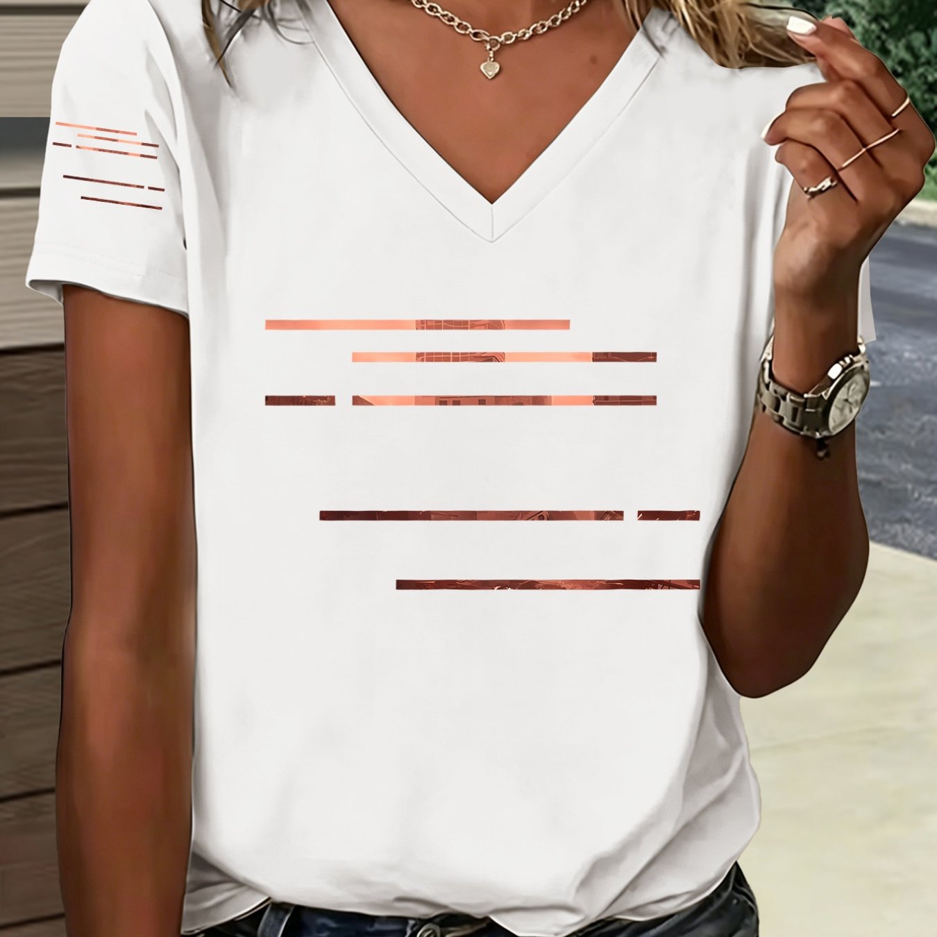 TEMU 1pc V-neck Easy Design T-shirt Fashion Versatile Summer New Y2k Style Women's Casual Athletic Wear Single Sleeve Print Elegant Daily Wear Top