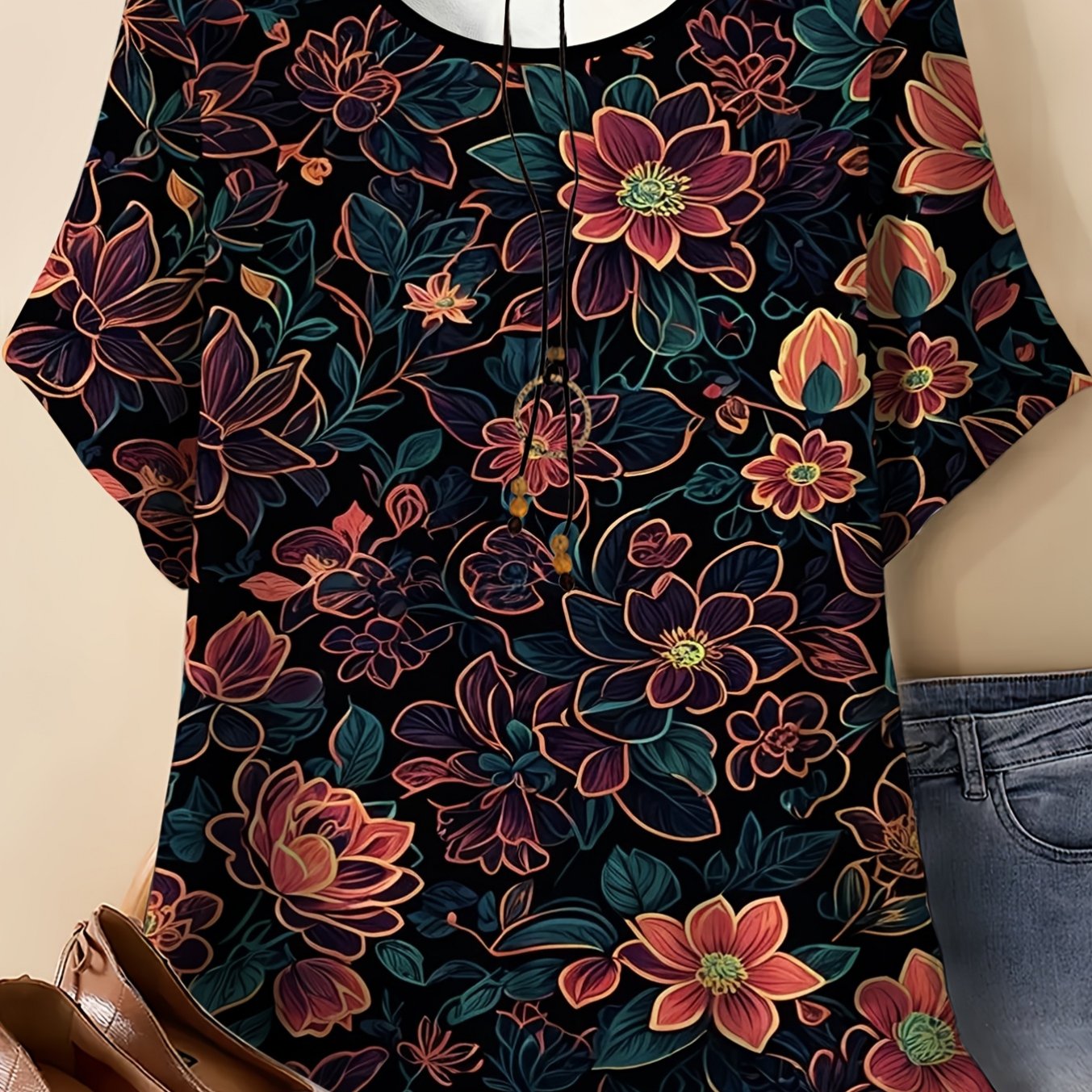 Image of Plus Size - Plus Sizes Floral Women's Round Neck Short Sleeve T-shirt Features A Rich , Covered With Saturated Red And Orange- Flowers