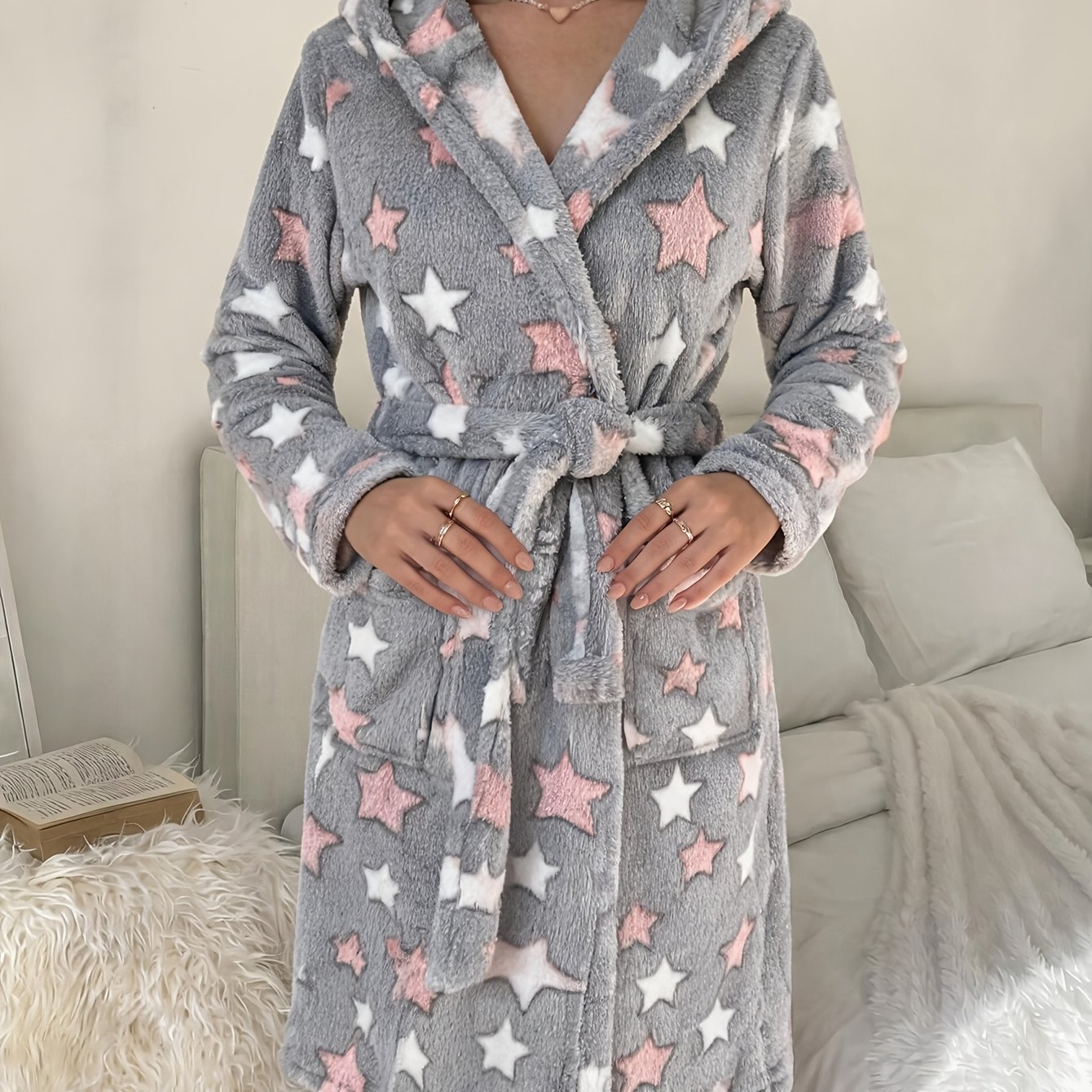 TEMU Women's Fall Winter Fleece-lined Thick Hooded Long Sleeve Warm Robe