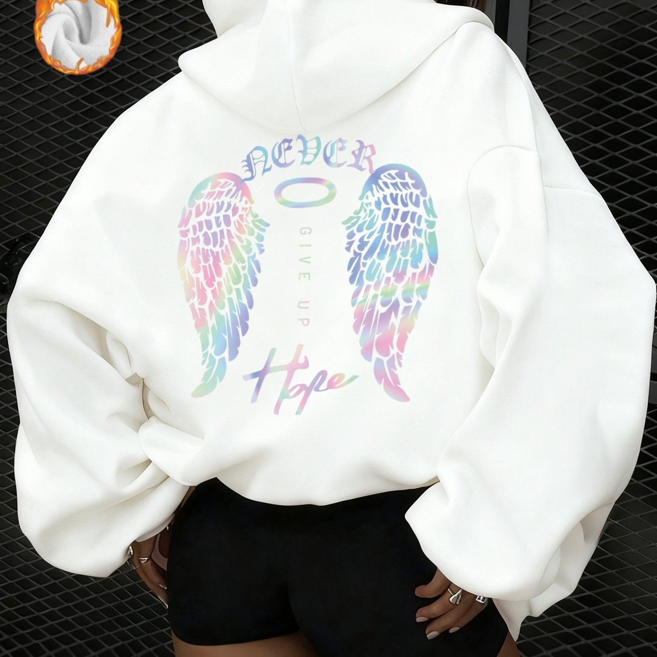 Image of Black Cozy Fleece-lined Long Sleeve Hoodie For Women With Winged Graphic And Kangaroo Pocket, Perfect For Casual And Fitness