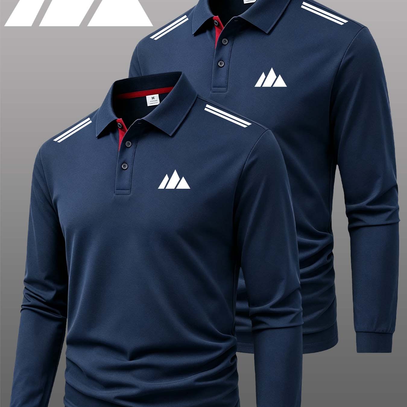 TEMU 2pcs Geometric Men's Outdoor Golf & Equestrian Casual Shirt With Long Sleeves, Mature Men's Business Casual , Breathable And Comfortable,