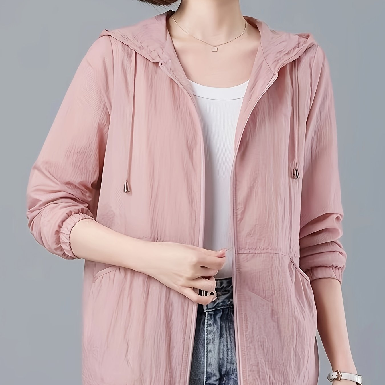 TEMU Fashion Casual Summer New Women's Hooded Jacket, Mid-age Mom Style Lightweight Breathable Coat, Loose Casual All-match Skin-friendly Outerwear,