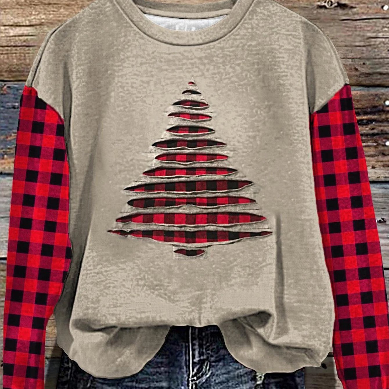 TEMU Plus Size, Women's Plus Size Christmas Crewneck Long Sleeve Sweatshirt- Red& Black Christmas Tree Hollow-out Print, Festive Casual Top