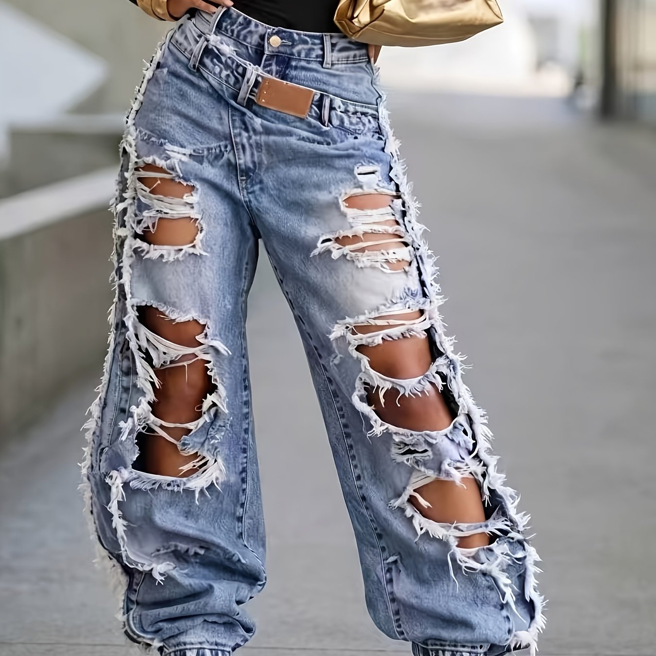 TEMU Jeans da jogging da donna , pesanti, con ampi strappi e used, a vita con cintura, e frange, pantaloni harem a larga, jeans cargo blu vintage con