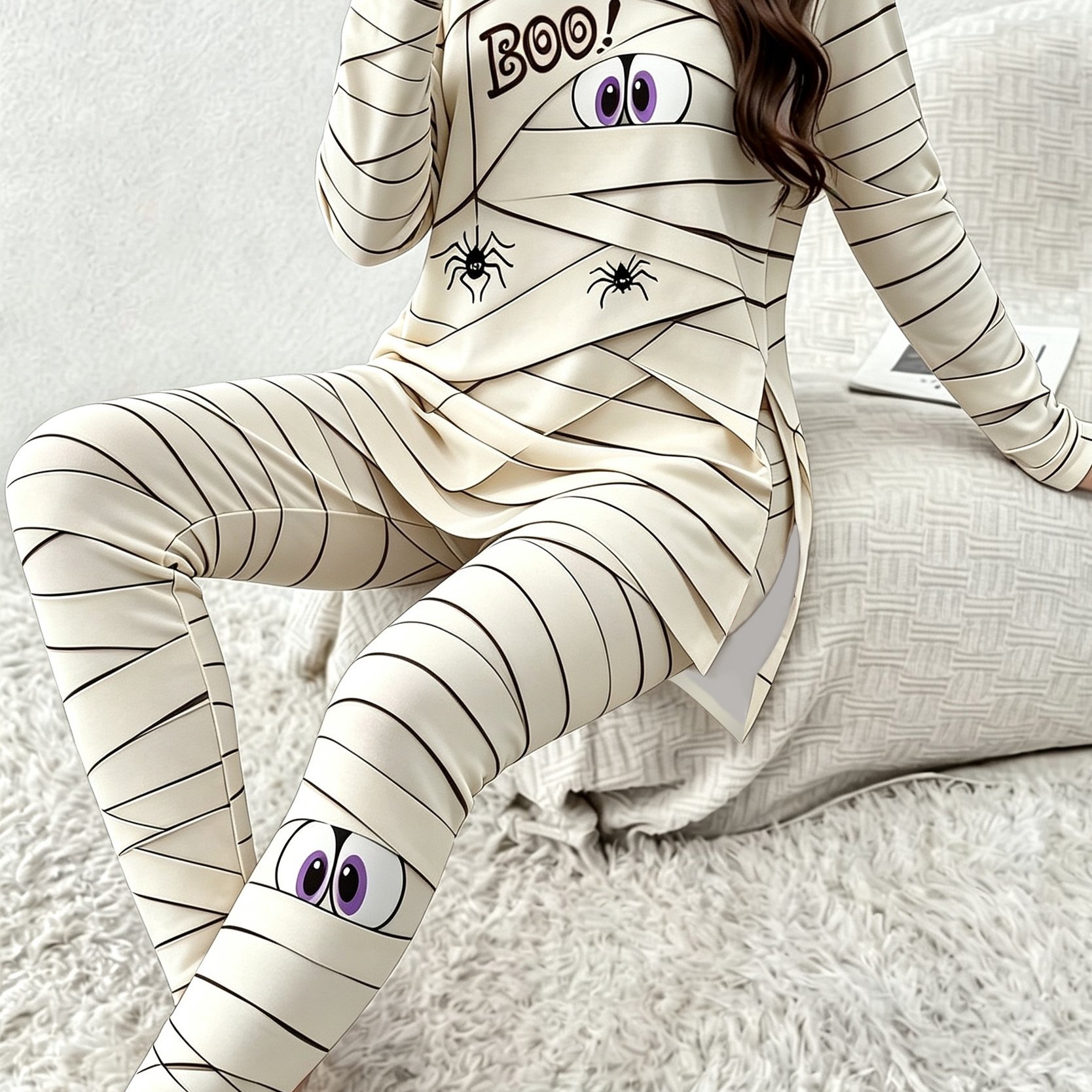 TEMU Ensemble 2 pièces pour femme à motif , "Boo" et araignée d'Halloween, haut à fente à manches longues et leggings extensibles, tenue décontractée