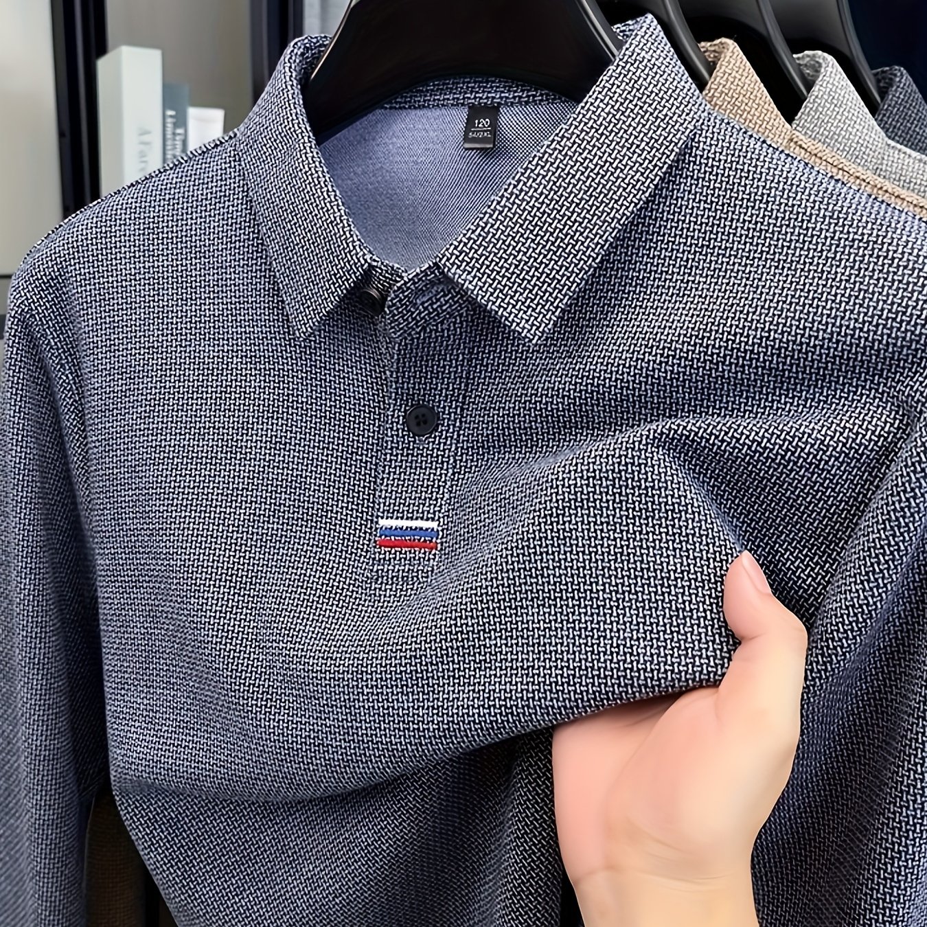Image of Men's Fashion Shirt, Autumn/winter Long Sleeve Lapel Solid Color Casual Shirt With Geometric Pattern, Warm Fabric, 1/4 Button , Outdoor Sports Golf Shirt