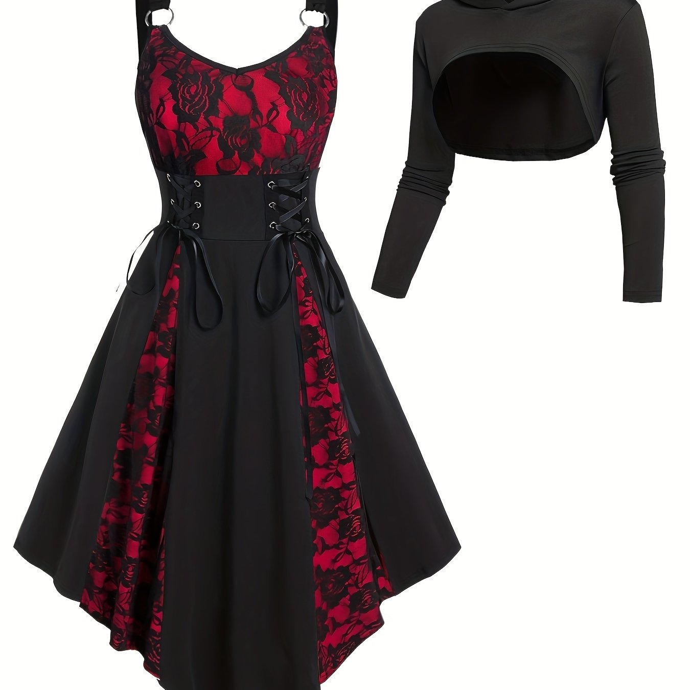 TEMU Ensemble Femme Haut à Manches Longues et Jupe à Dentelle Rose avec Taille Color-block et Bretelles à , Ensemble Jupe à Dentelle Automne-Hiver.