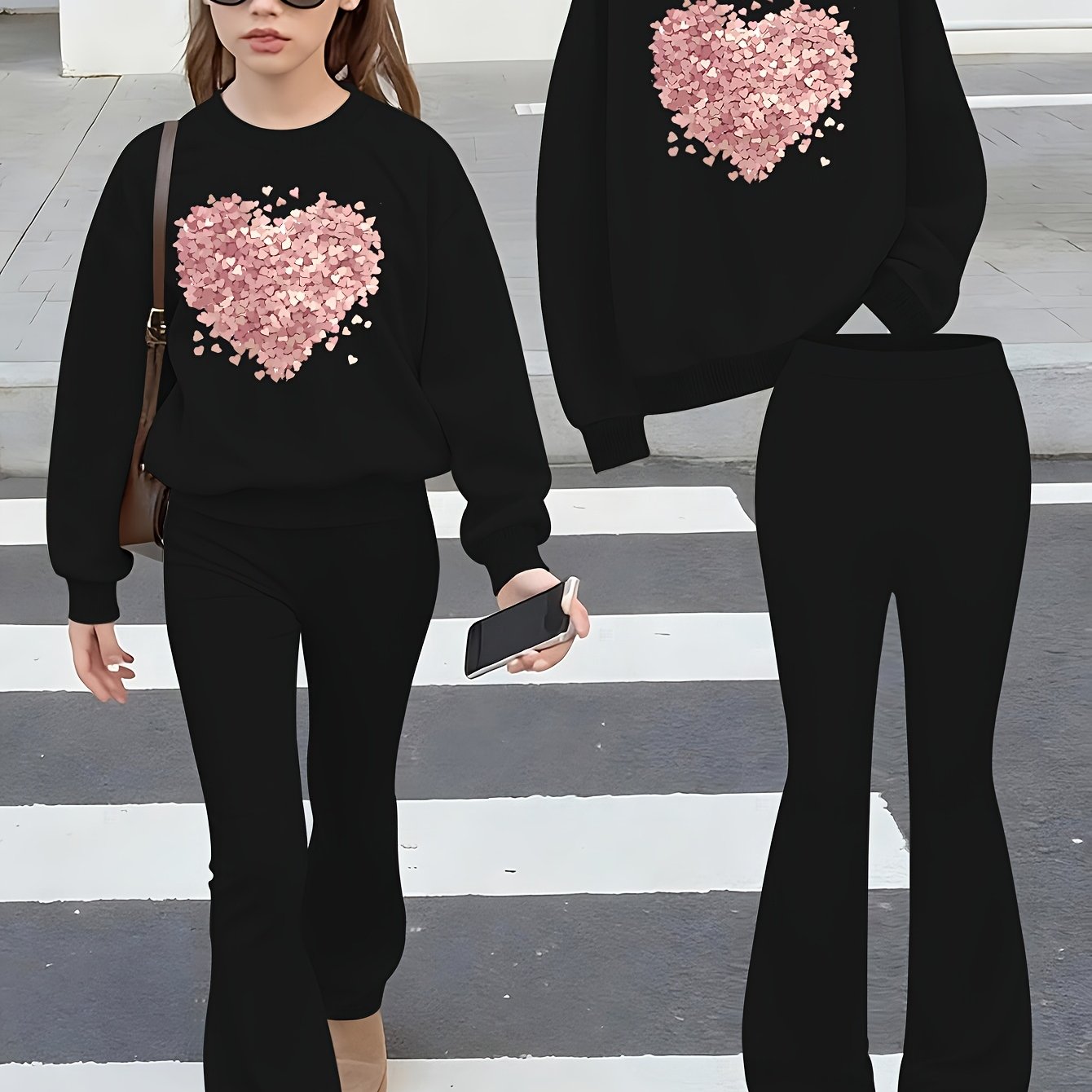 Image of 2-piece Set: Girls' Autumn/ Printed Casual Long-sleeve Crewneck Sweatshirt With Knitted Flared Pants 2pcs Set, Girls' Outfit, Perfect For Outdoor