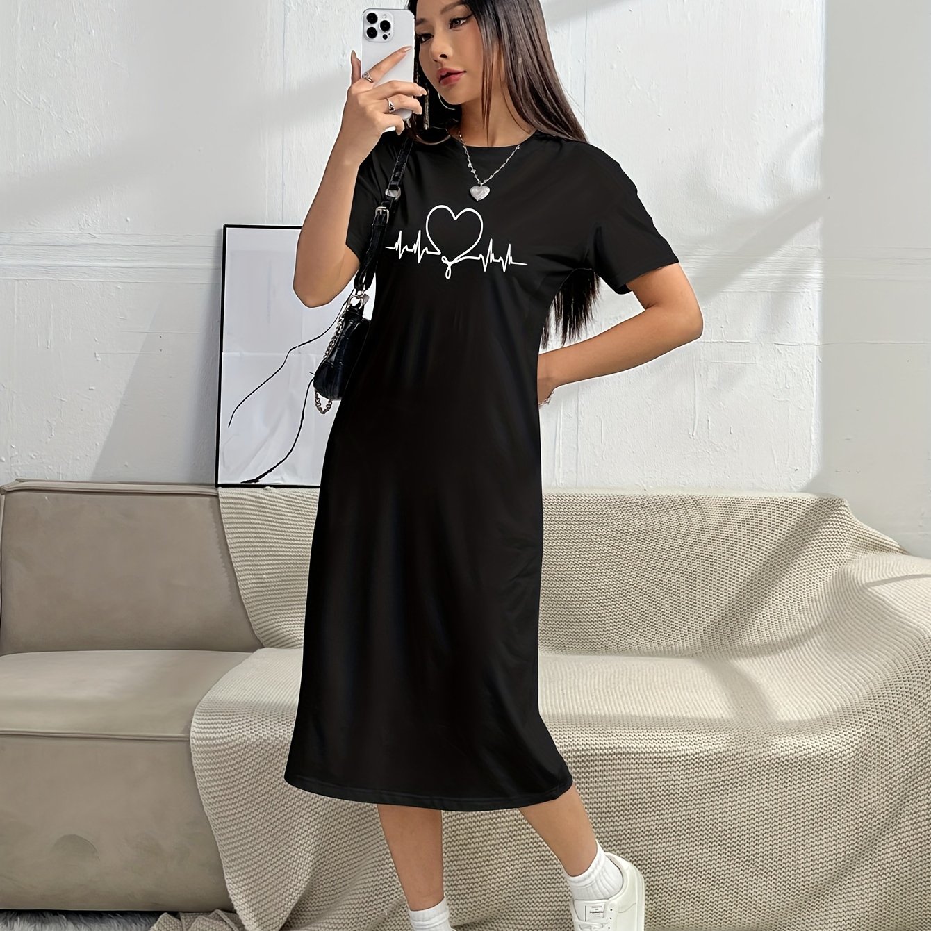 TEMU 하트 & 심장박동 그래픽 프린트 여성용 캐주얼 반팔 드레스 - 생기발랄한 블루 미디엄 길이, 봄 여름용 기계 세탁 가능 Q1001-01, 라운드 넥라인, 편안한 착용감