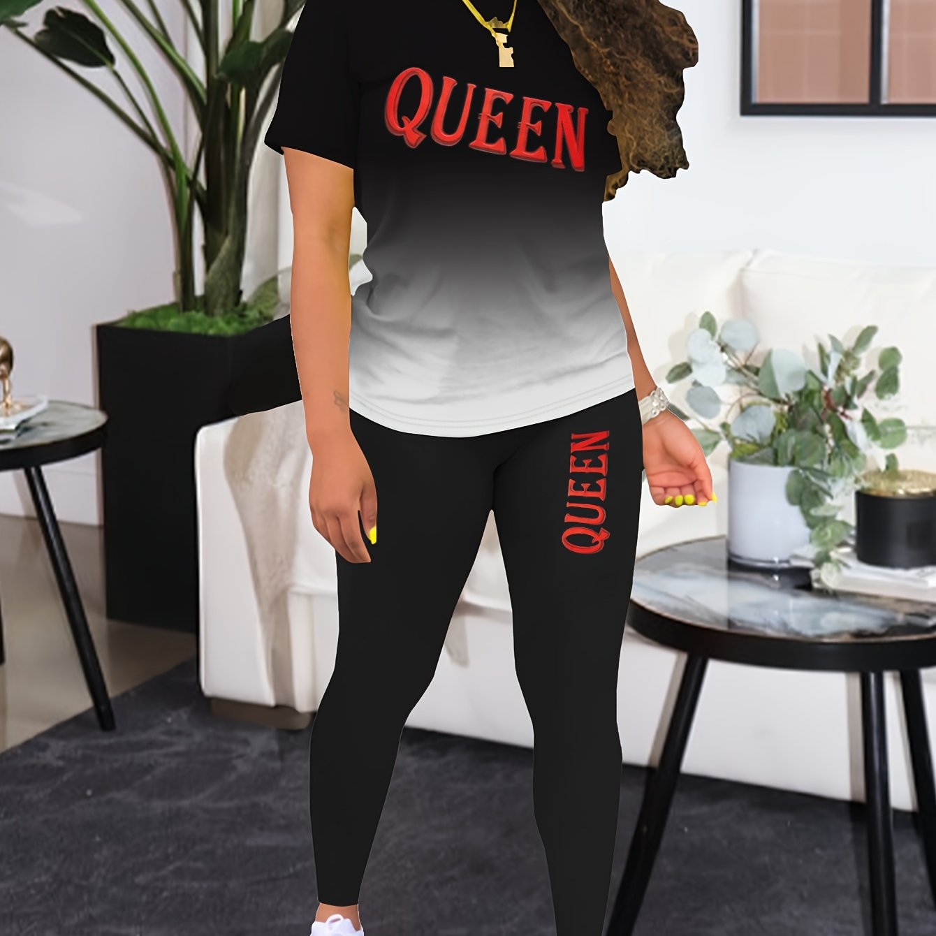 Image of European And Casual Top Short Sleeves And Long Pants Round Neck Gradient Queen Print Elastic Women's Set