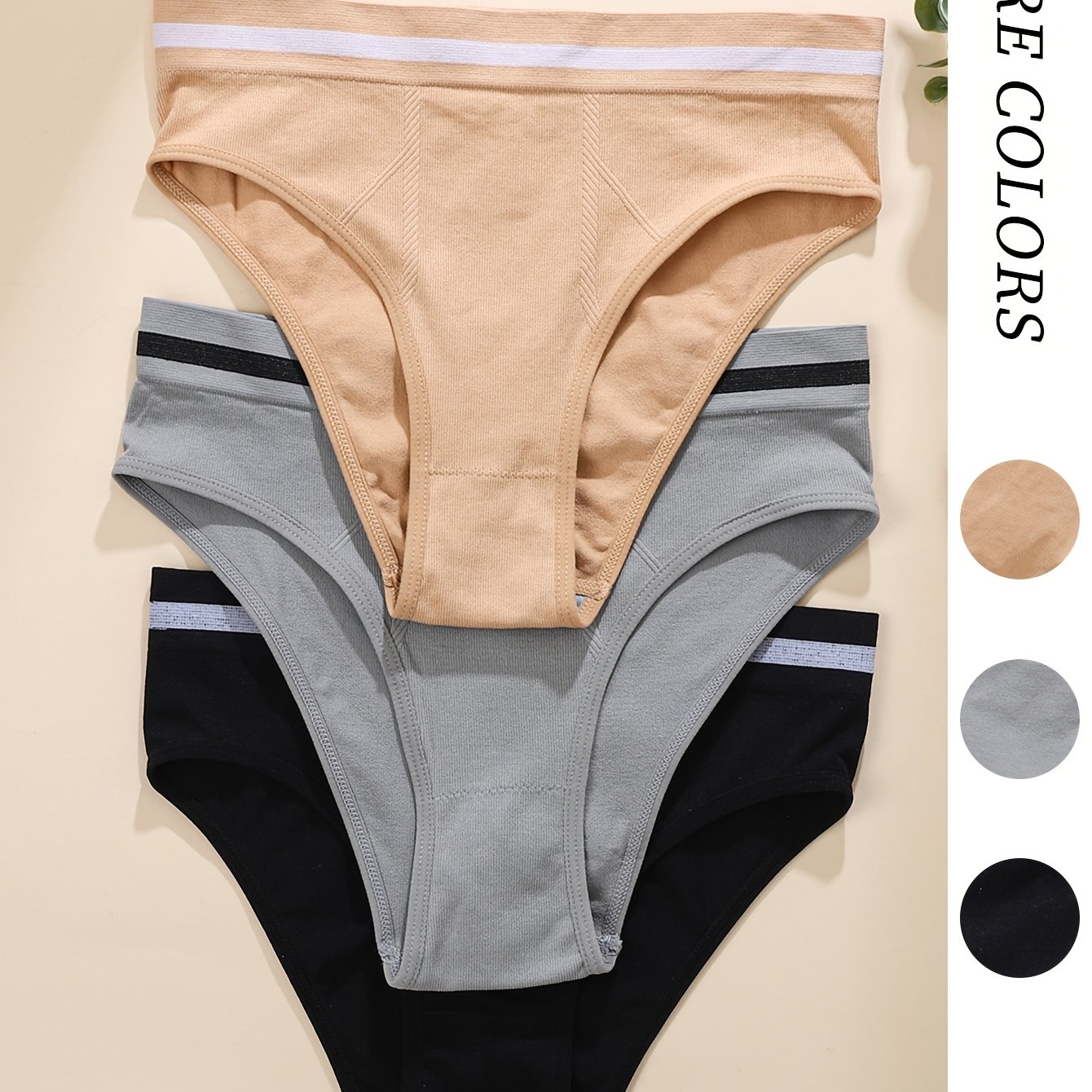 TEMU 3 Pack Women's High-waisted Briefs, Contrast Stripe Waistband, Skin-friendly Breathable Gusset, High-stretch , Minimalist Daily Underwear