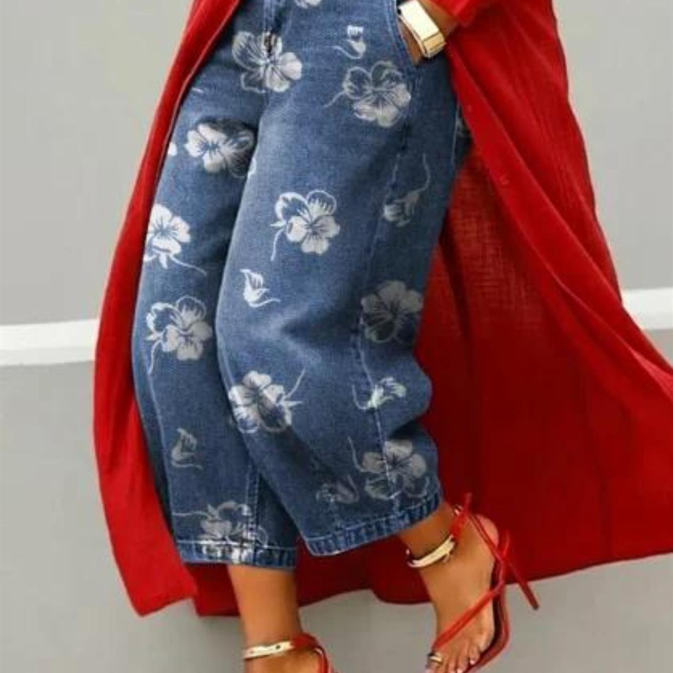 Women's Plus Size , Casual Fashion Printed Cropped Pants, Loose Fit Trousers, Bohemian Style, High-waisted Jeans With Pockets