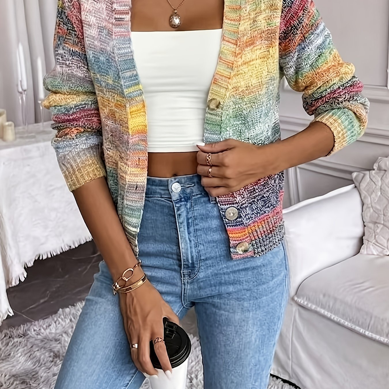 TEMU Office Gradient Color Block Cardigan - Casual Front , Long Sleeves, Soft Acrylic Women's Sweater, Vibrant And Colorful Design, Perfect For