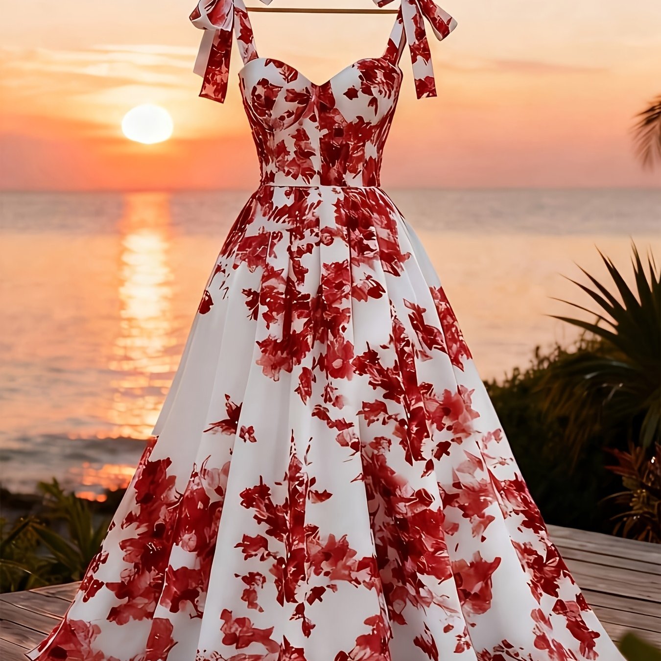 TEMU Floral Print Shoulder Tie Waistline Women's Elegant Vacation Dress