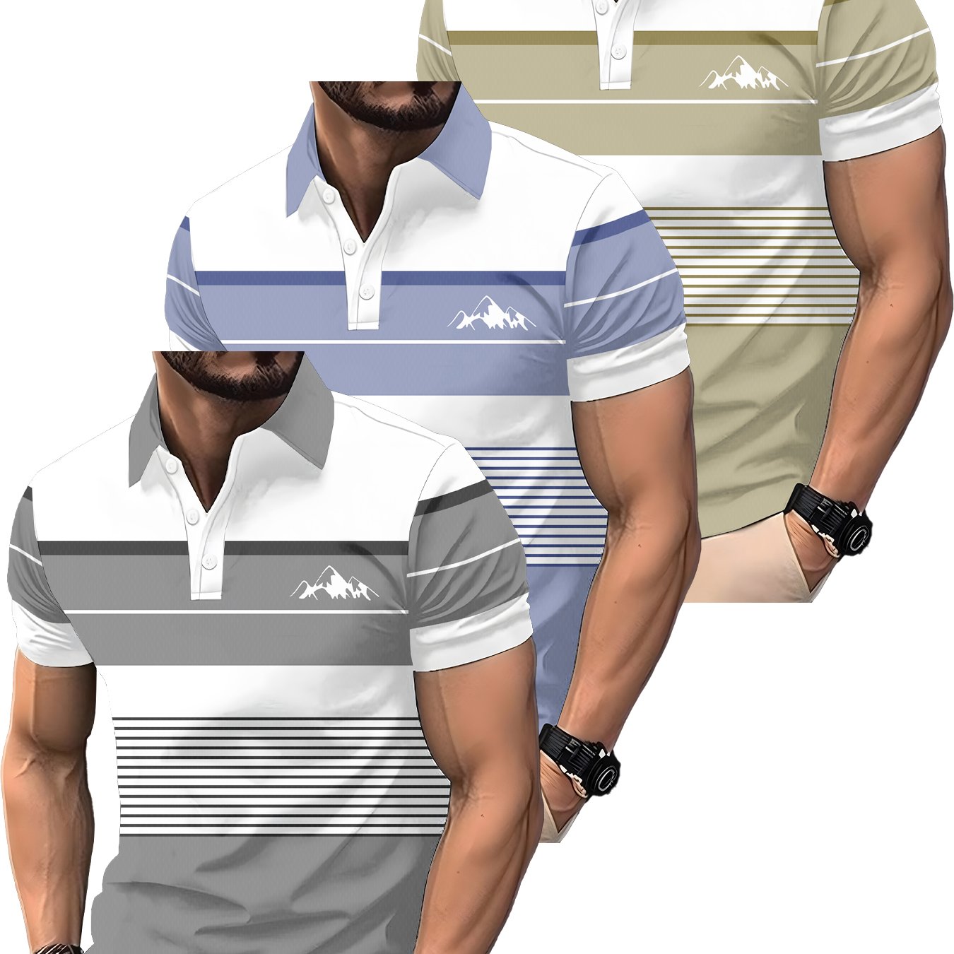 E-shop 3er-Pack Herren Sommer-Polo-Shirts mit Digitaldruck – Lässiges gestreiftes Design, Kurzärmelig, Polyestergewebe