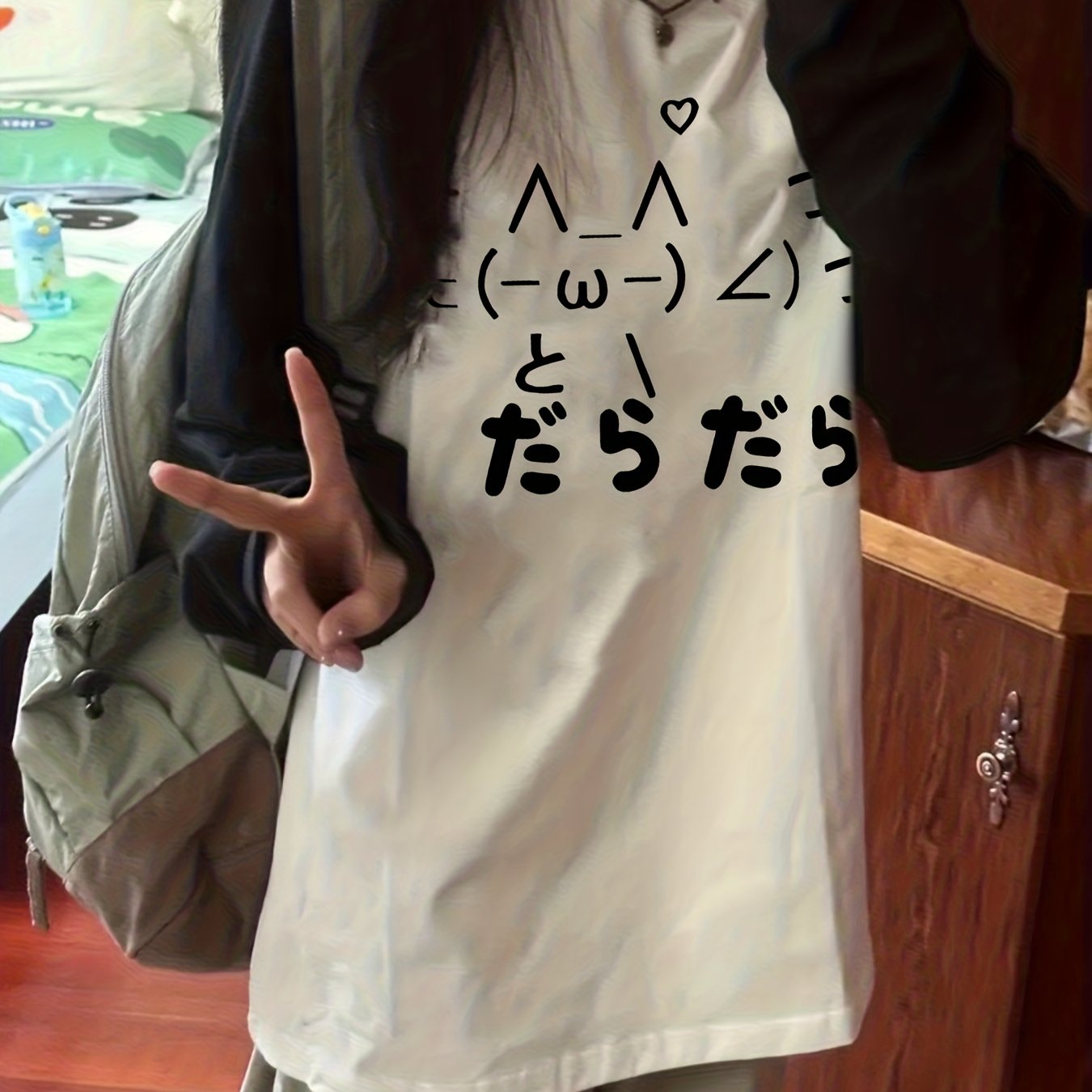 TEMU 2026 Spring/summer New Winter Women's Long Sleeves, Beautiful, Elegant, Japanese Soft Cute Cartoon Cat Symbol + "とだらだら" Japanese Text Pattern