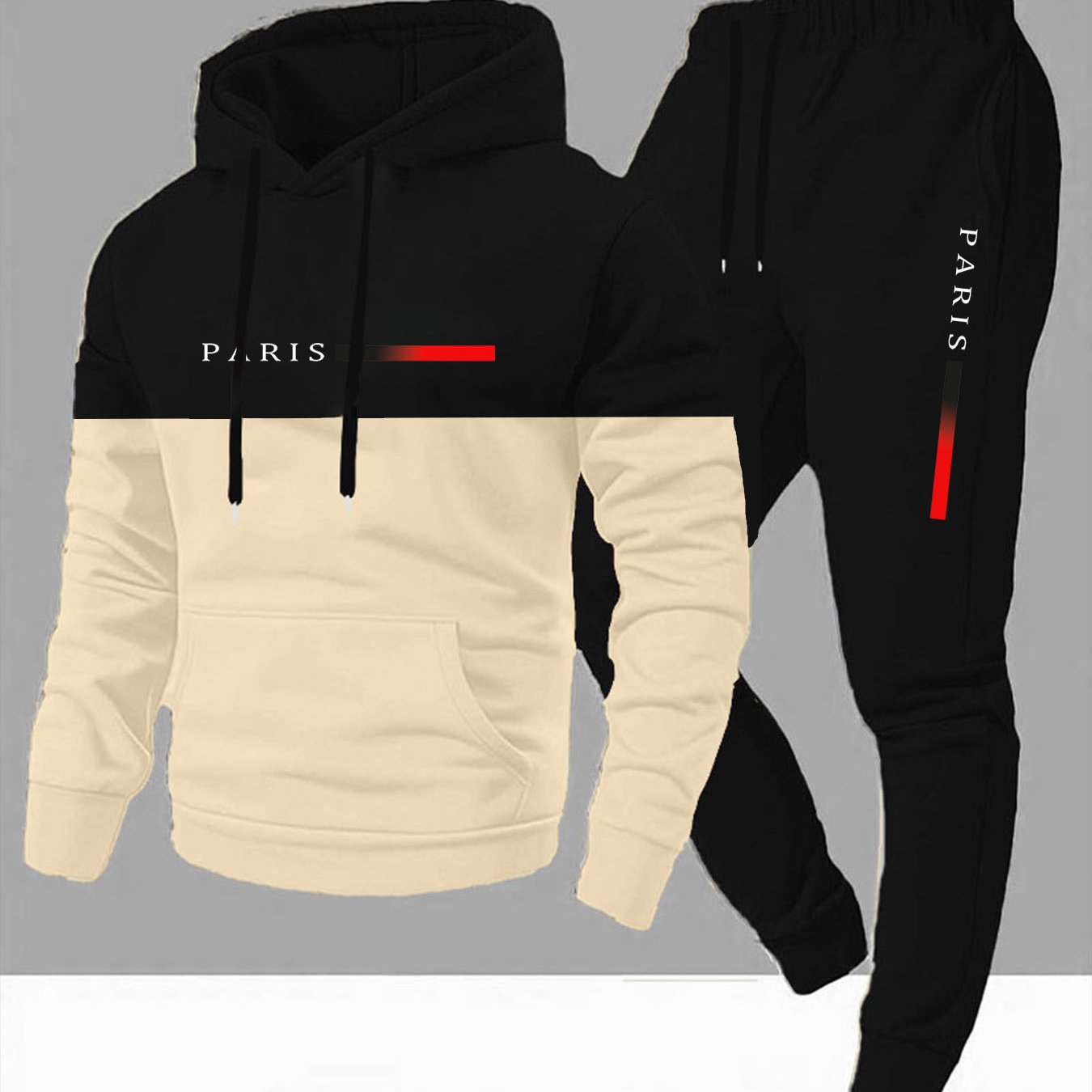 TEMU Men's Casual Color Block Hoodie And Sweatpants Set - "paris" Print, &, Regular Fit, Stretch Fabric, Perfect For Outdoor Leisure Sports,