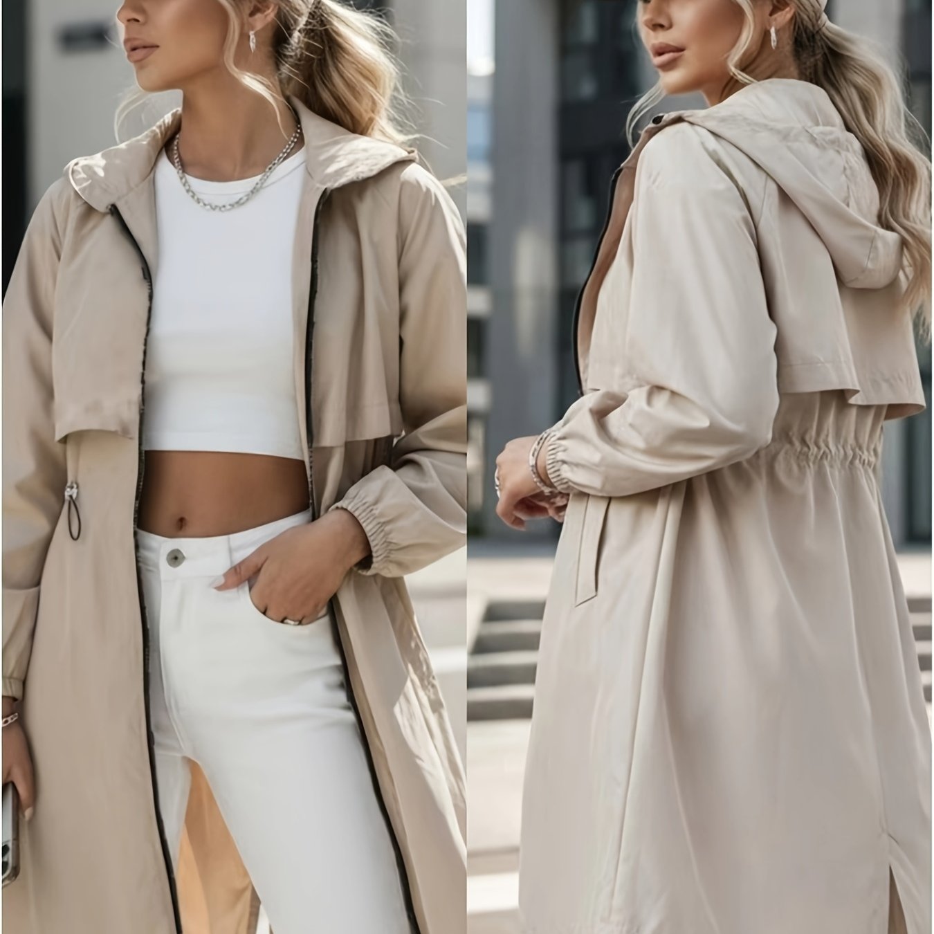 TEMU Women's Elegant Solid Color Hooded Windbreaker, Stylish Casual Overcoat Jacket