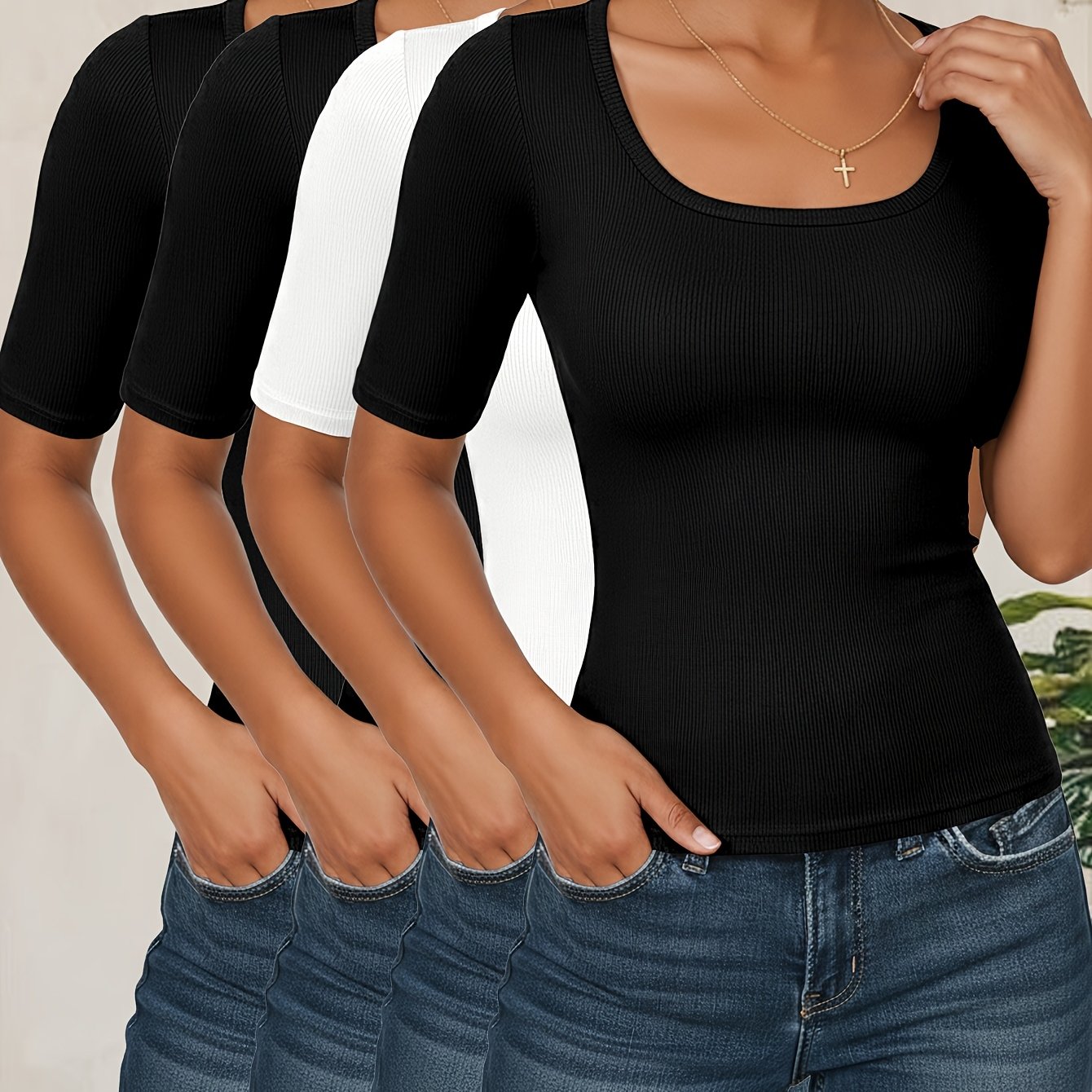 TEMU 4pcs Set, Women's Mid-sleeve T-shirts, Summer New Ribbed Slim Short Sleeves, Solid Color Casual Elegant Design, Women's Body Suit, Stretch