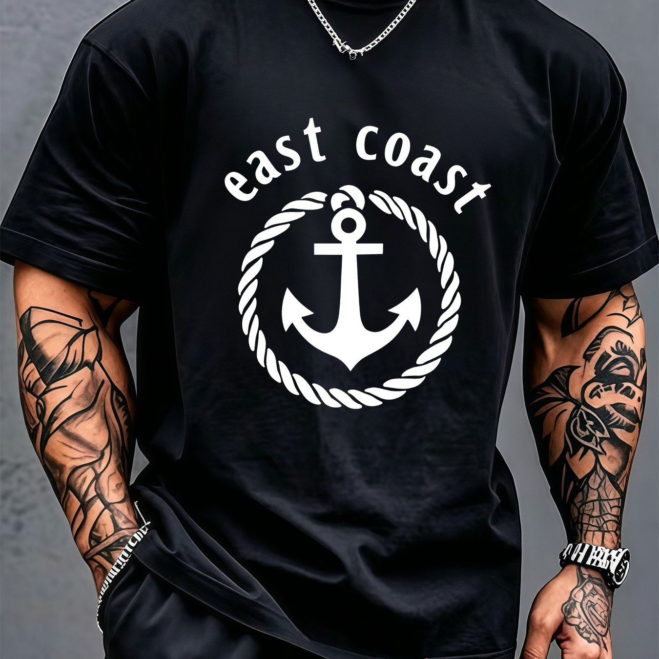 TEMU Men's Anchor T-shirt - Nautical Anchor Print Soft Breathable Round Neck Short Sleeve Top, Suitable For Rowing Fishing, Beachwear & Seaside