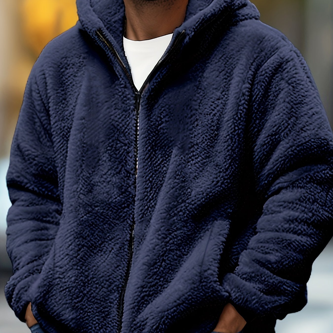 TEMU [winter Ready] Men's Plus Size Light Gray Hooded Jacket - Warm, Zip-up Outerwear With Pockets For Fall/winter, Machine Washable, Plus Size