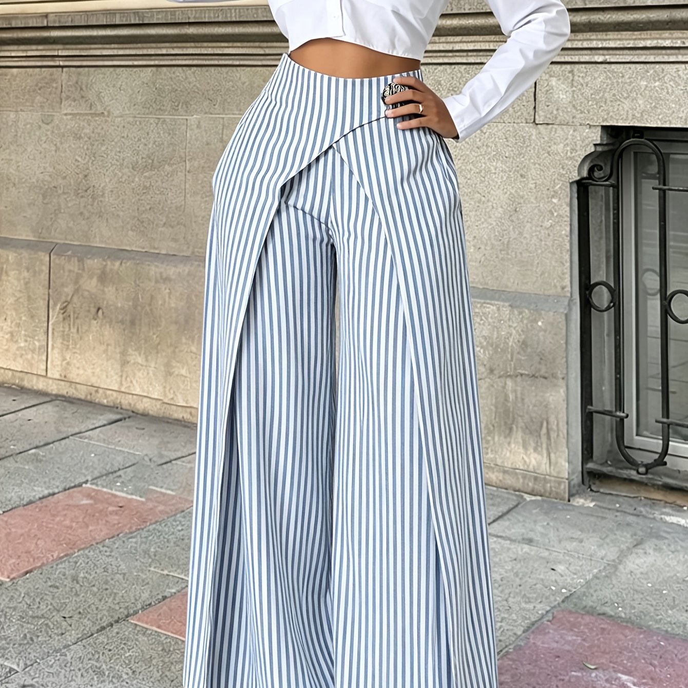 TEMU Women's New Striped Elegant Commuter Wide-leg Pants, Drapey Flared -shrouded Temperament High-waist A-line Trousers