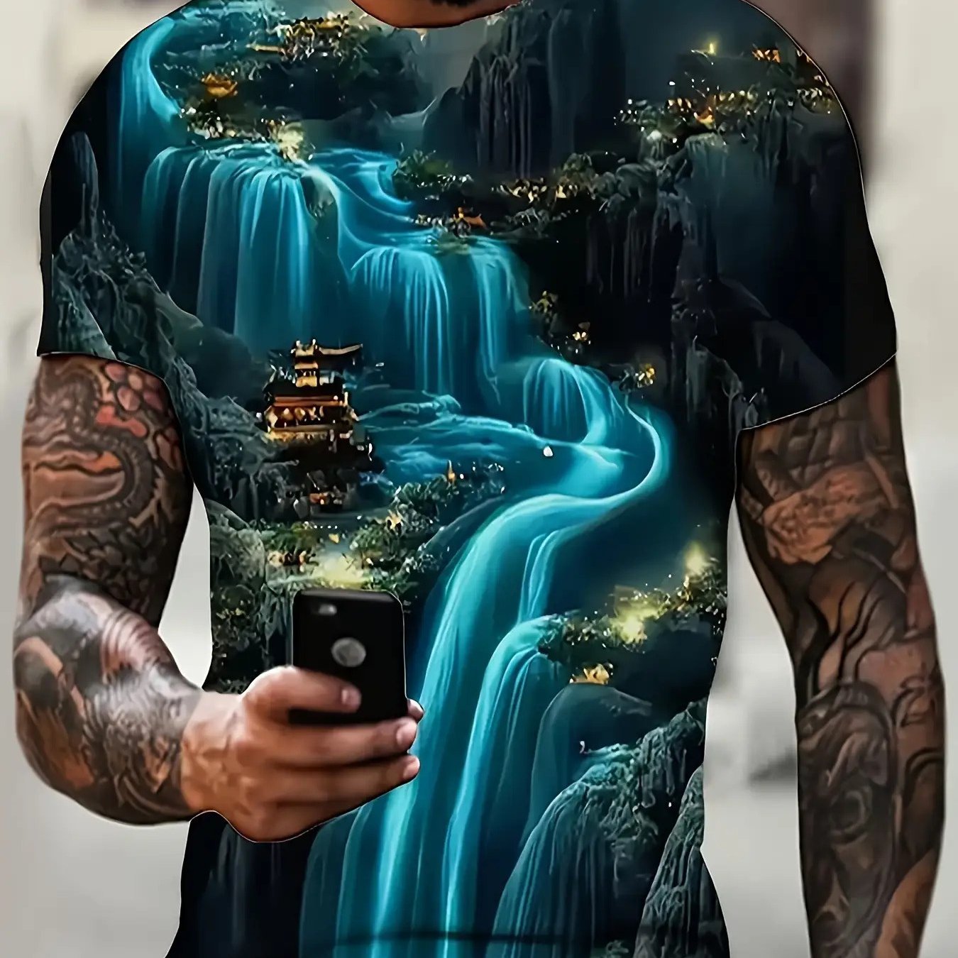 TEMU Men's & Women's China Landscape Asian-themed Quick-dry T-shirt - & Pagoda Print Short Sleeve Shirt, Breathable Round Neck Casual Top For Travel,