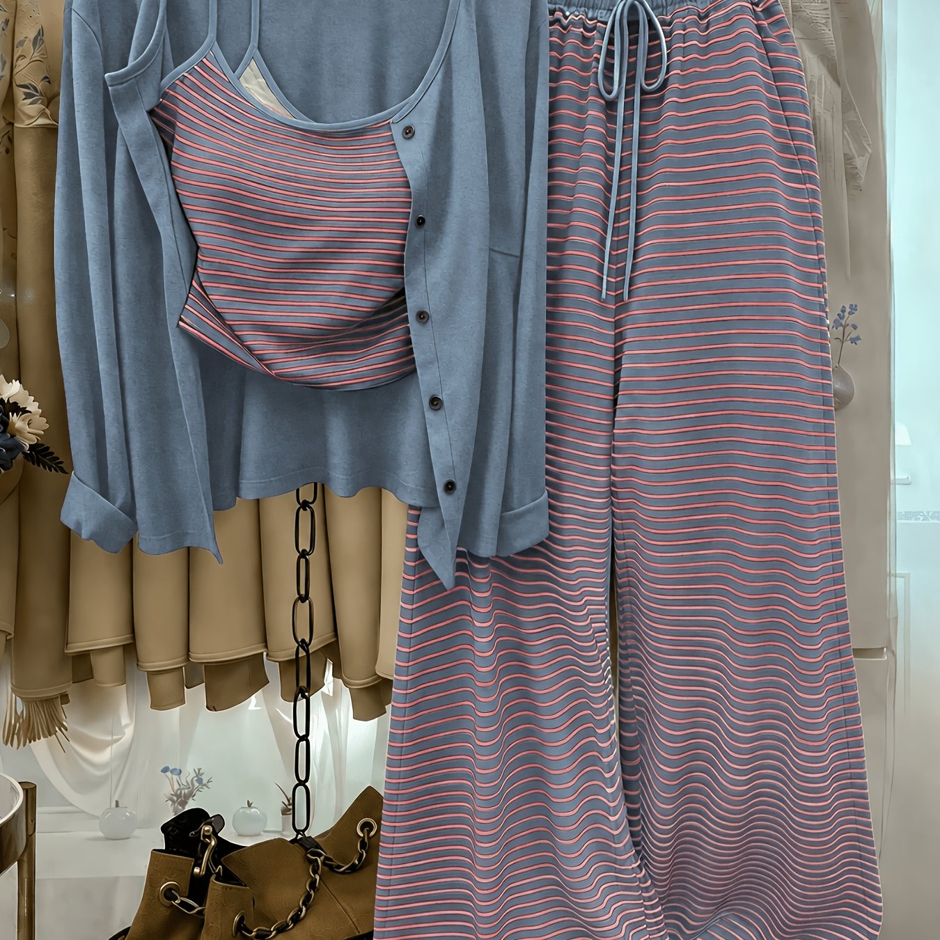 TEMU Ensemble 3 pièces pour femmes, Cami à rayures, Cardigan long boutonné et Pantalon large à cordon de serrage