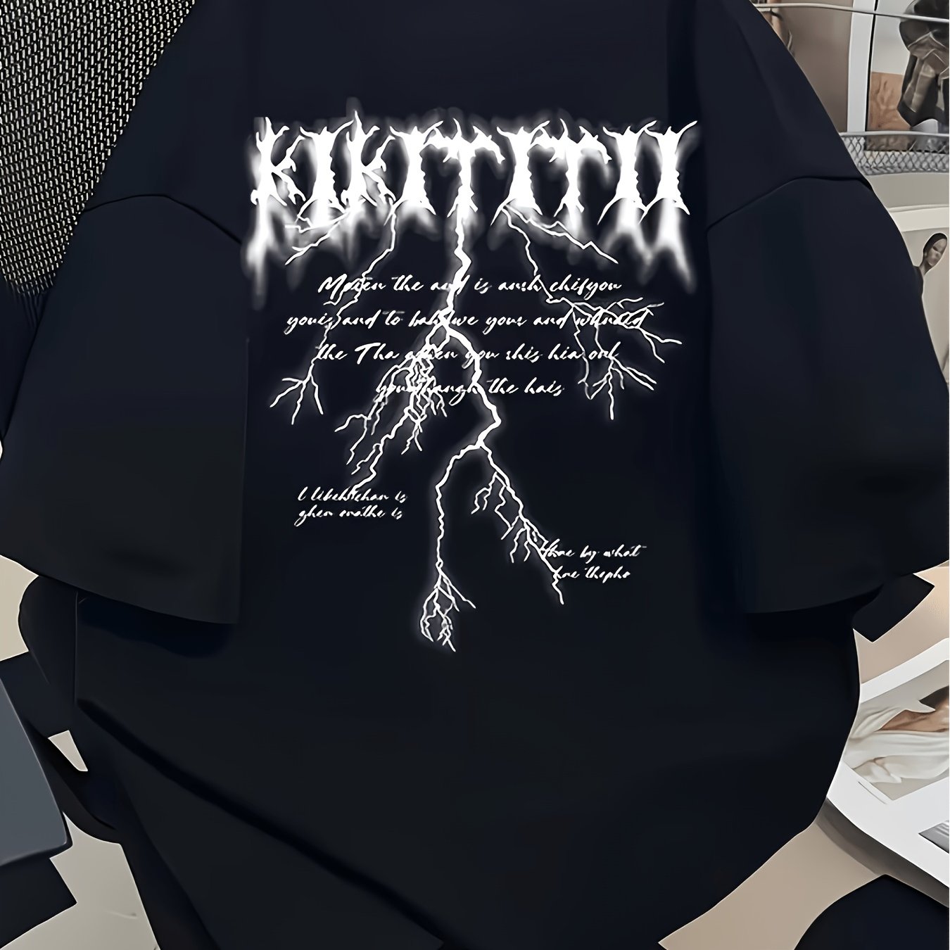 TEMU Summer Loose Fit White Crew Neck Top, Lightning Text Breathable Short Sleeve T-shirt For Hip Hop Street Outfit