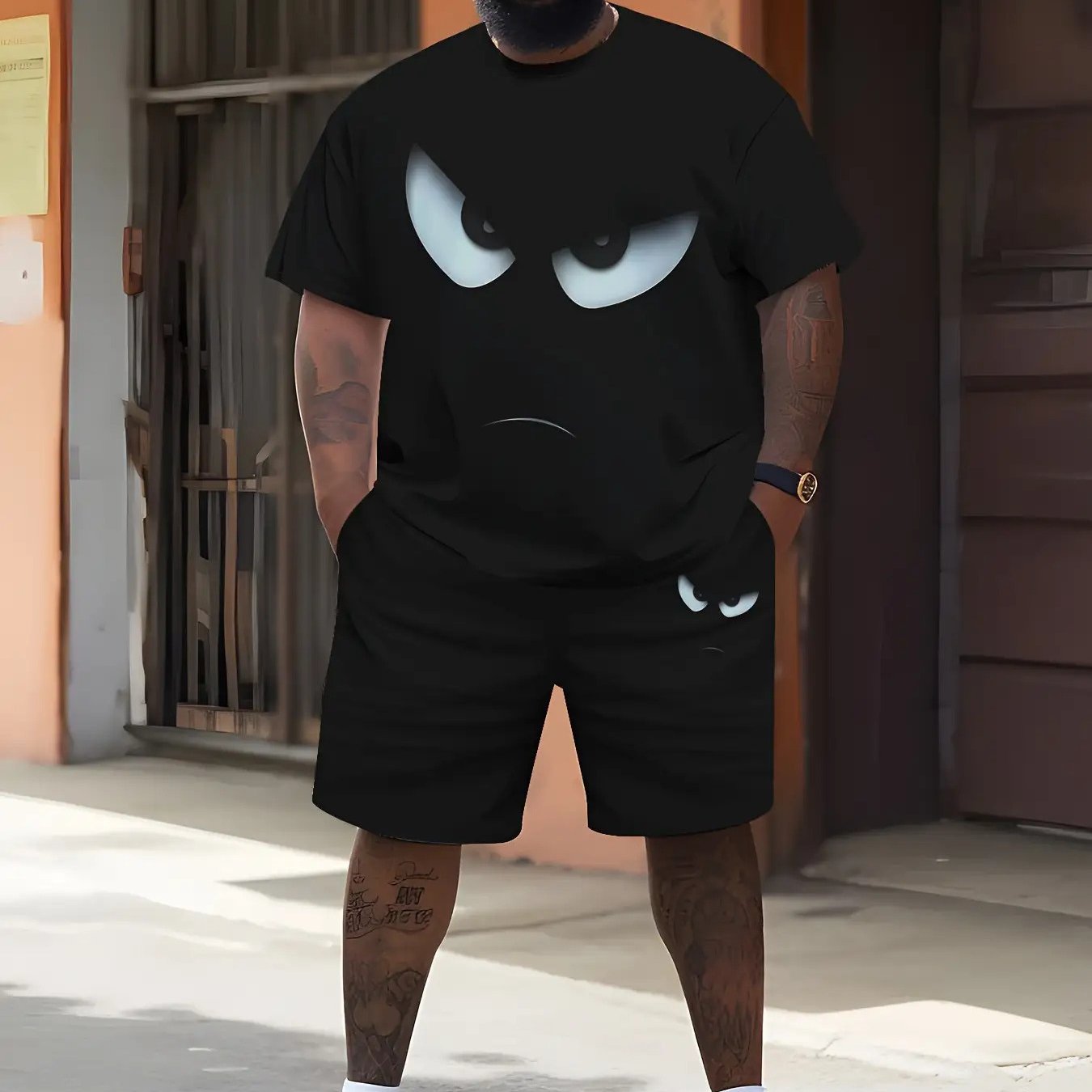 TEMU Men's Plus Size , Street Style Fun Short Sleeve Shorts, Black With -the-dark Pattern, Simple Casual Plus Size Outfit, Suitable For Daily Wear,