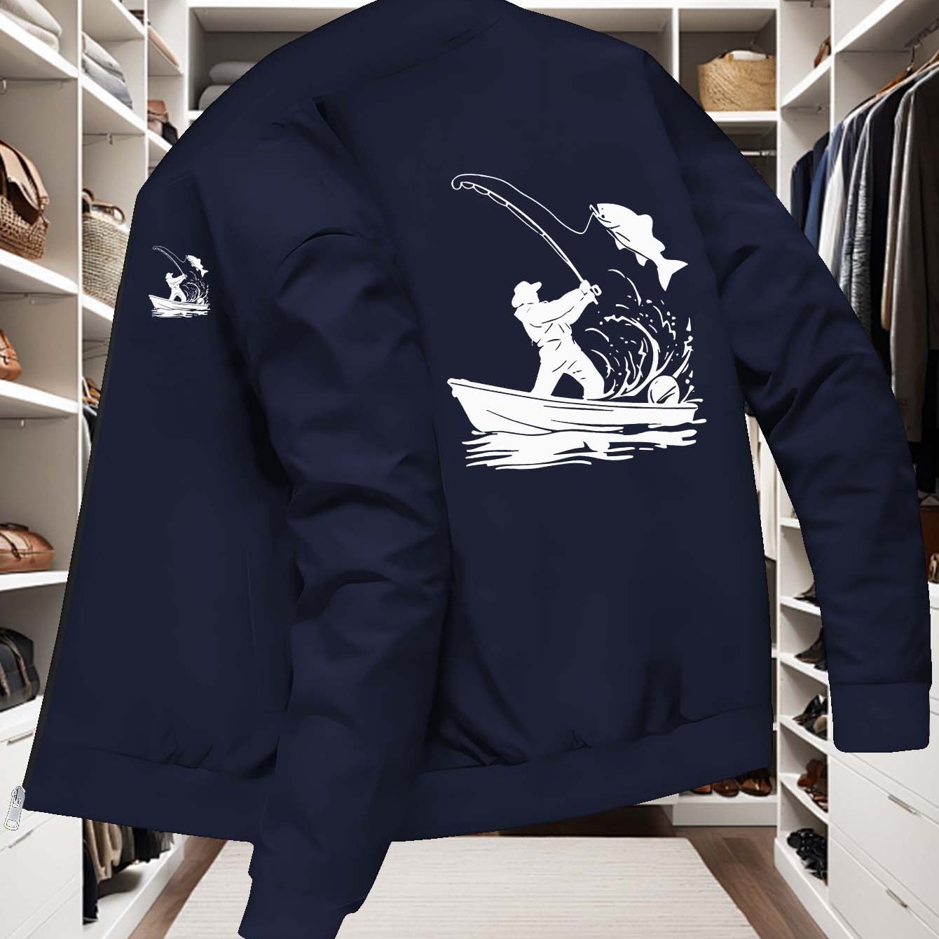 TEMU Men's Streetwear Brand Autumn/winter Long-sleeve Jacket, Boat Fishing Silhouette Print Windbreaker Jacket, Angler-themed Daily Casual Fashion