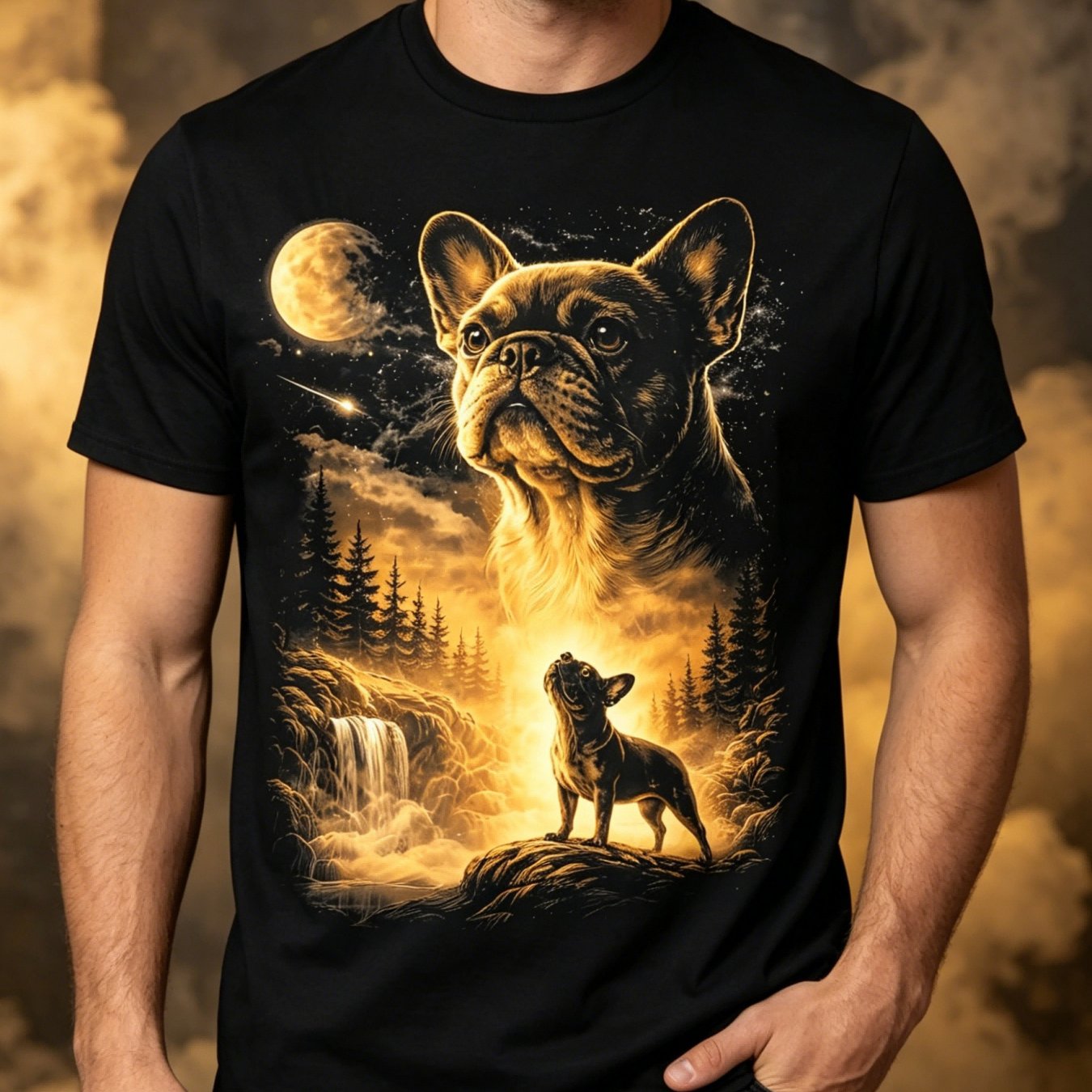TEMU [print Design - No Texture] Men's Casual T-shirt - French Bulldog At The Retro Tee - Round Neck Casual Short Sleeve T-shirt, Machine Washable