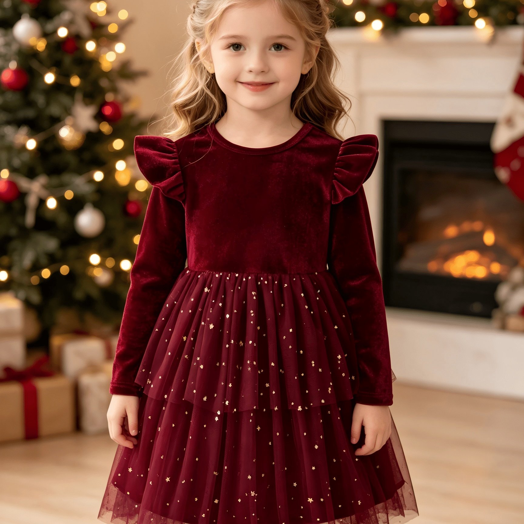 Image of Young Girl's Spring And Autumn Dress With Lace Hem And Flying Sleeves With Stars