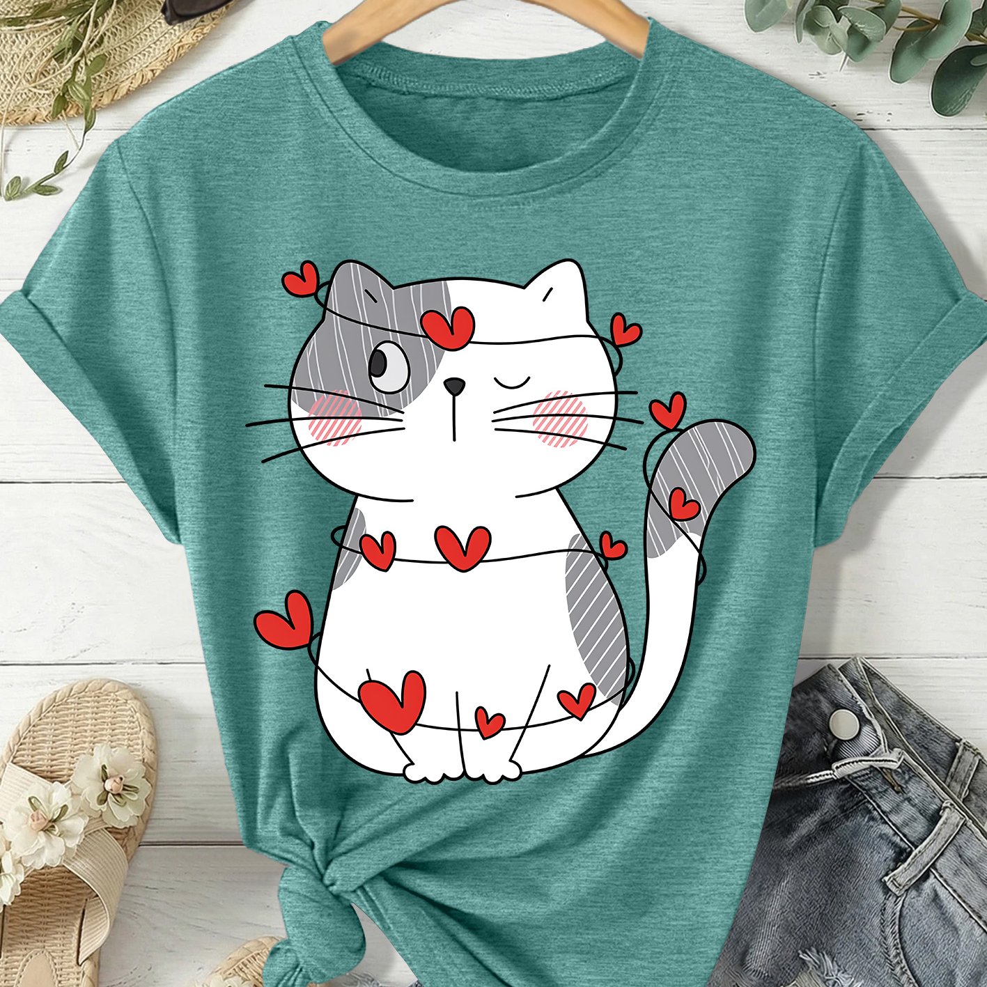 TEMU Spring And Summer Women's Short-sleeved T-shirt Cartoon   Heart-wrapped Pattern Print Round Neck Casual Loose Plus Size T-shirt Fashion Casual