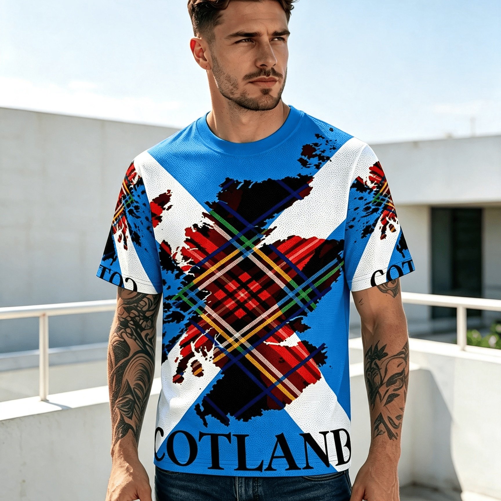 TEMU [printed Design - Not Texture] Plus Size Men's Fashionable Casual Outdoor Sports Trendy T-shirt, Scottish Plaid Flag Print Short Sleeve -