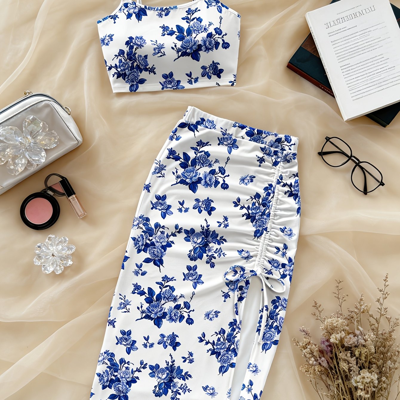 TEMU Women's Fashion Floral Pattern Short Camisole Skirt, Women's Casual Vacation Camisole Set