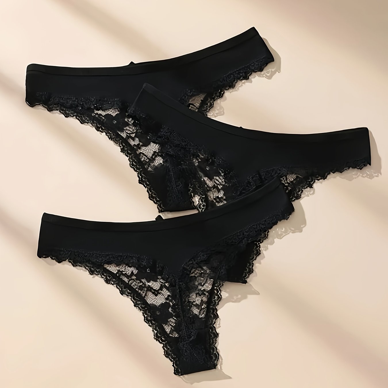 Image of 3pcs Women's Low-rise Briefs - Sexy Black Lace Underwear With Bow Accent, Soft Comfortable Non-sheer Panties, Casual Attire & Lingerie Matching (3pcs) - Hand Washable For & Care - Pack For