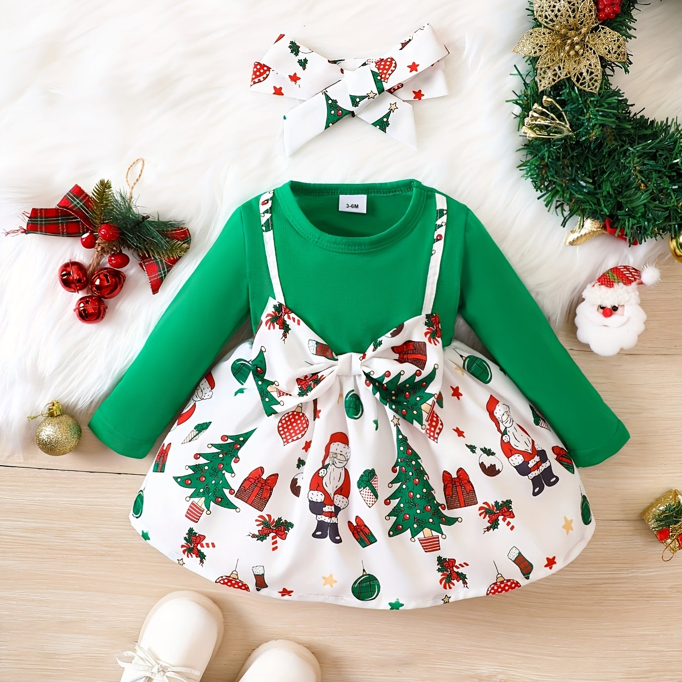 Christmas Snowman Print Baby Girl Splicing Velvet Long-sleeve Bowknot Dress