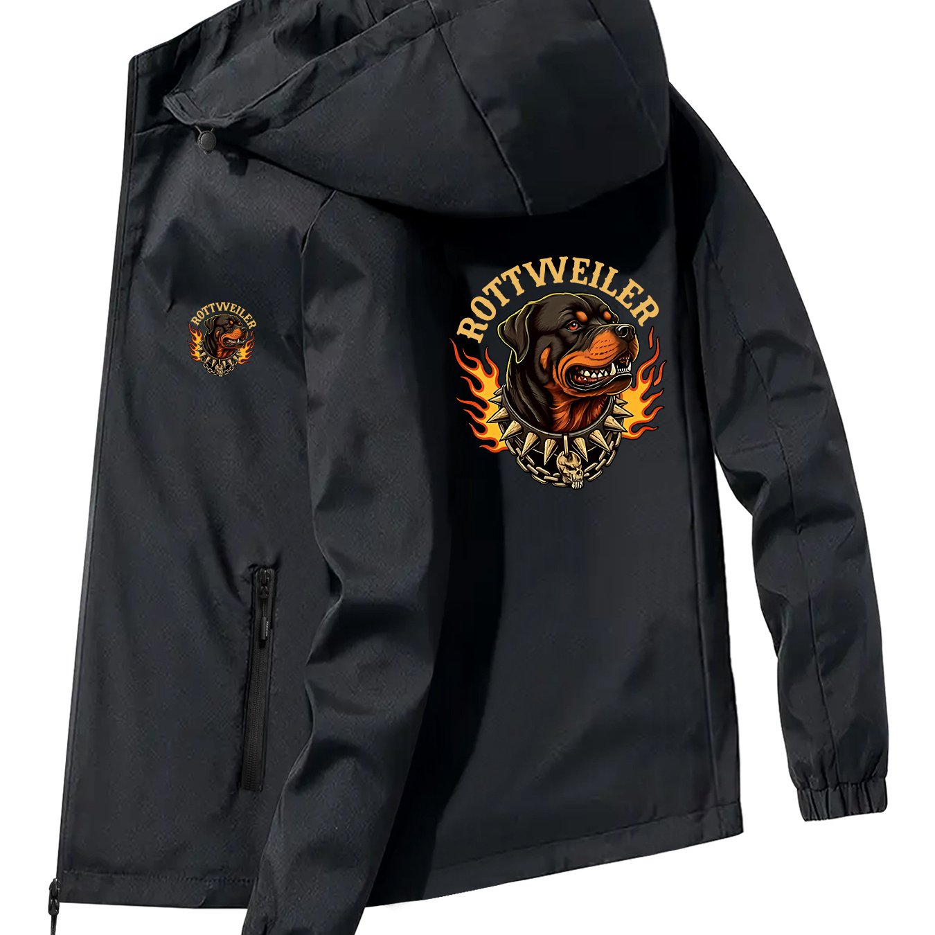 TEMU Men's Fashion Windproof Hooded Jacket, Rottweiler Flame Pattern Element Coat With Zipper Pockets, Hooded Windbreaker For Casual And Sporty