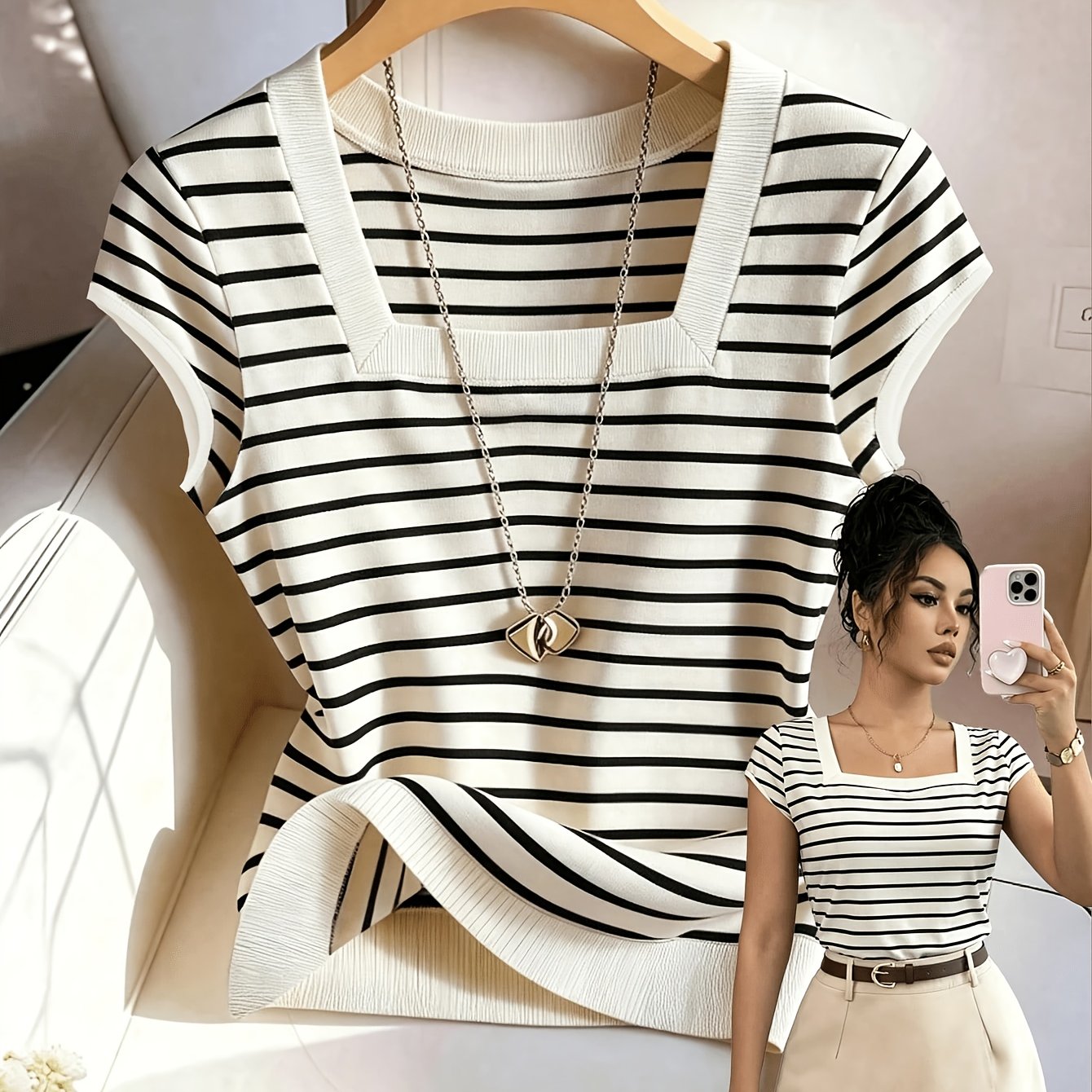 TEMU Women's Summer Striped Parisian Neck Short Sleeve T-shirt, Casual Workwear, Summer Striped Top